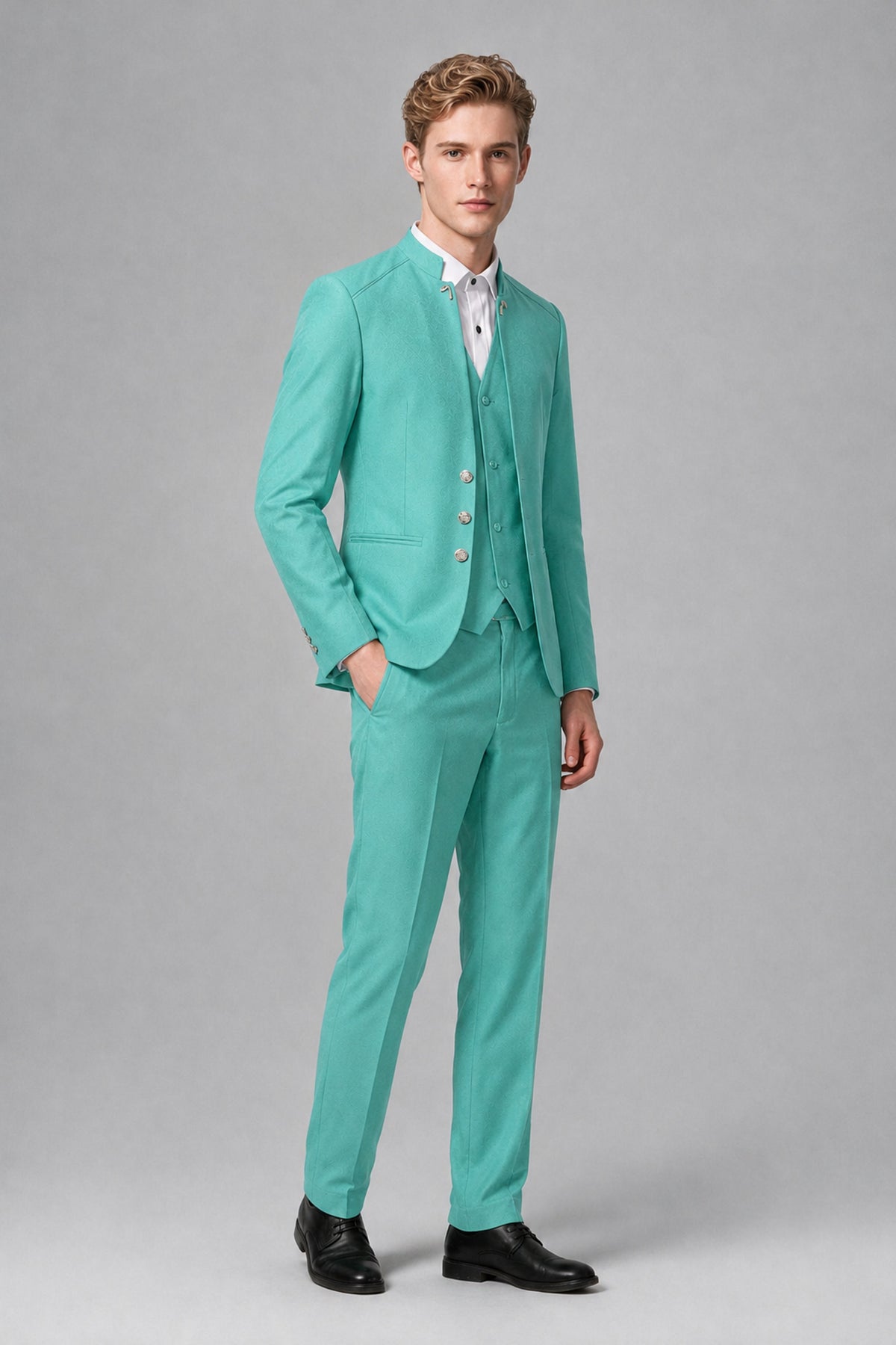 Bolodoo Men's Turquoise Mandarin Collar 3-Piece Suit – Jacket, Vest & Trousers - Turquoise - Turquoise_4