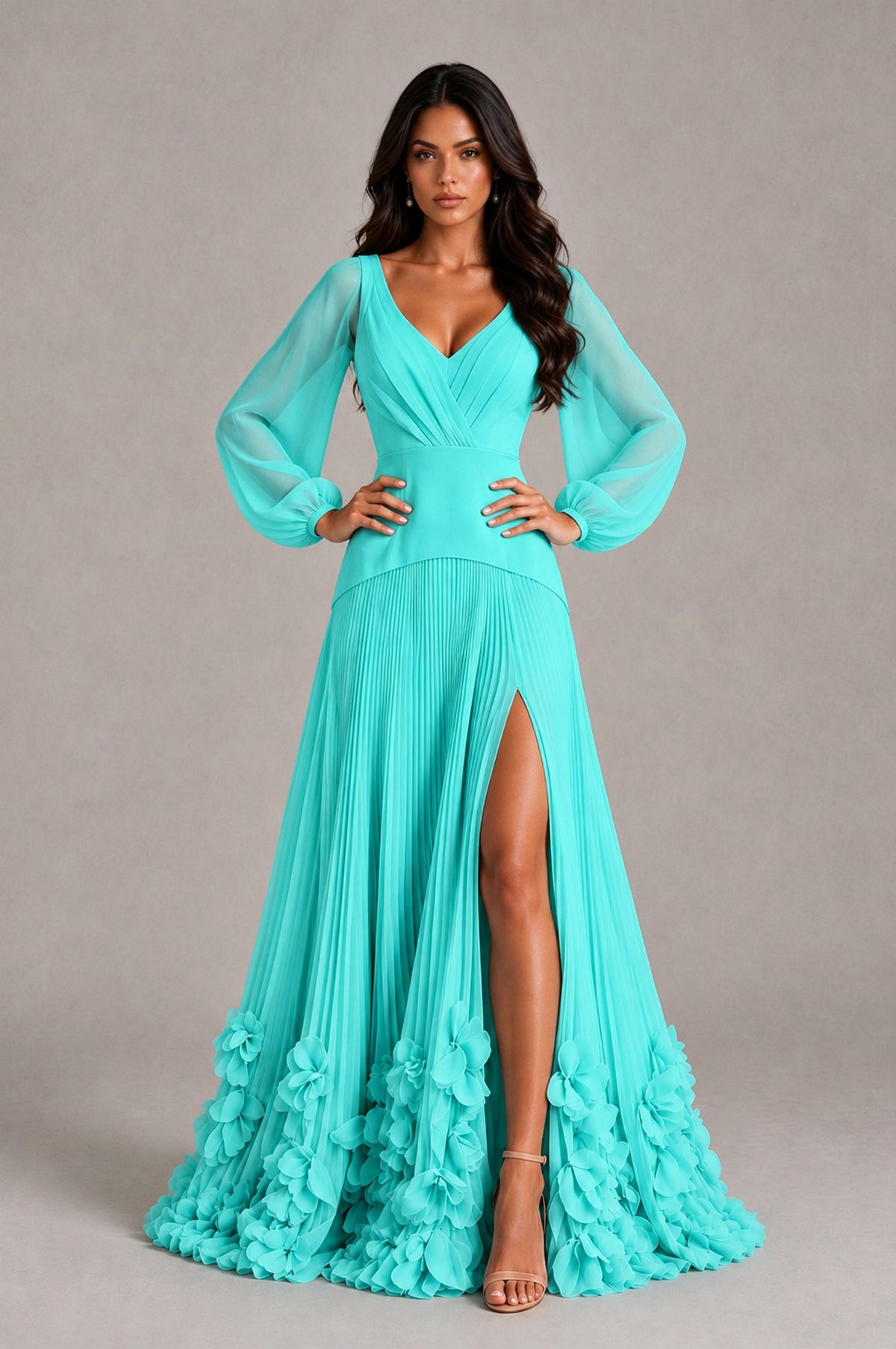 BOLODOO Turquoise V-Neck Long Sleeve Pleated Floral Hem Evening Dress - Turquoise - Turquoise_4