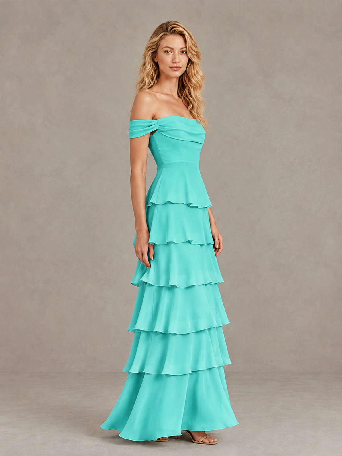 BOLODOO Turquoise Off-Shoulder Tiered Ruffle Bridesmaid Dress with Lace-Up Back - Turquoise - Turquoise_4