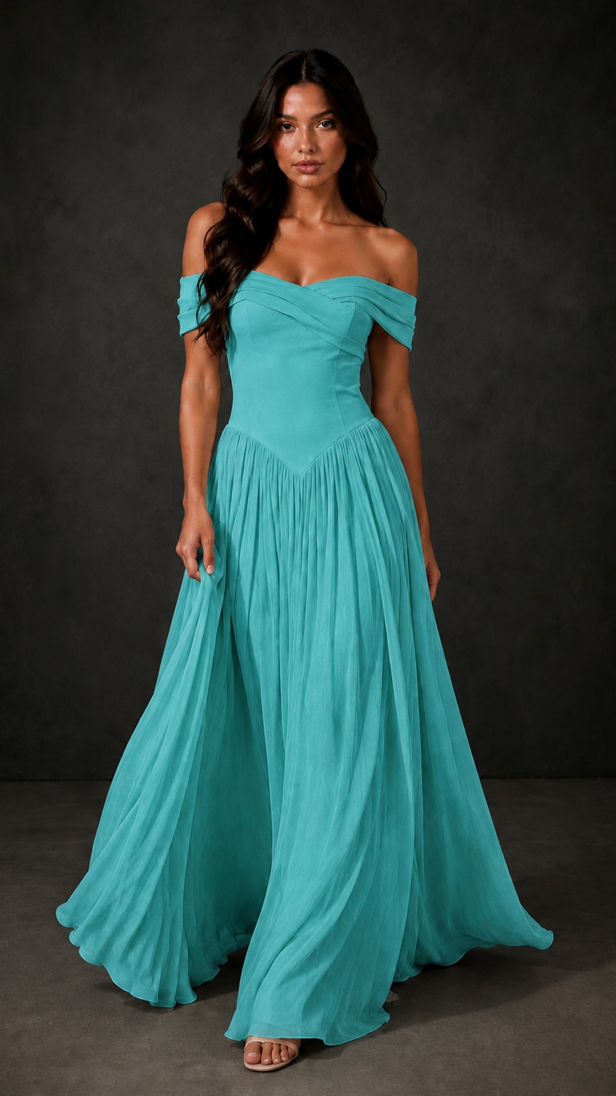 BOLODOO Turquoise Off-Shoulder Sweetheart Corset Pleated Chiffon Maxi Dress - Turquoise