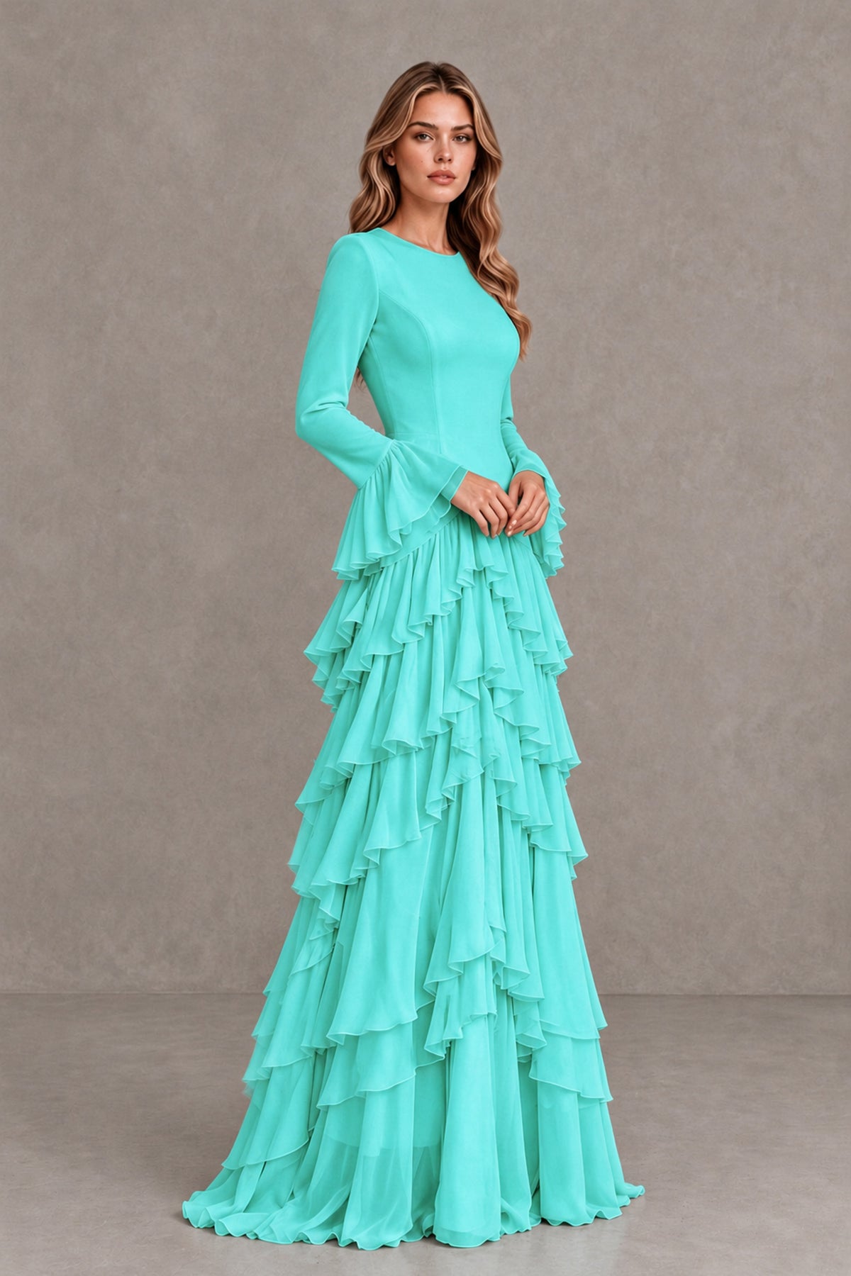 Turquoise Long Sleeve Tiered Ruffle Evening Gown - Turquoise - Turquoise_4