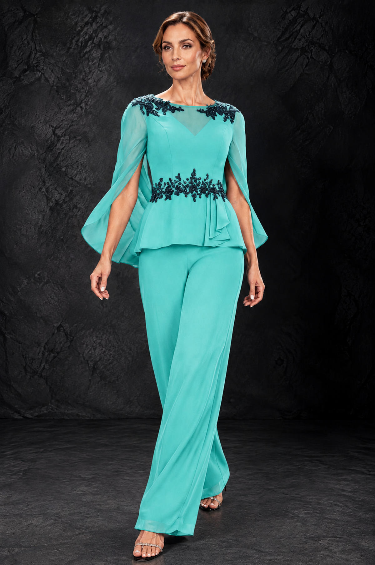BOLODOO Turquoise Embellished Cape Sleeve Mother of the Bride Pantsuit - Turquoise - Turquoise_4