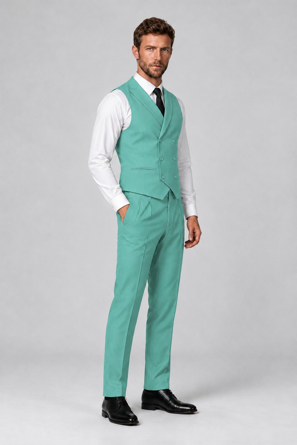 Bolodoo Men's Turquoise Double-Breasted Vest and Pants 2-Piece Suit - Turquoise - Turquoise_4