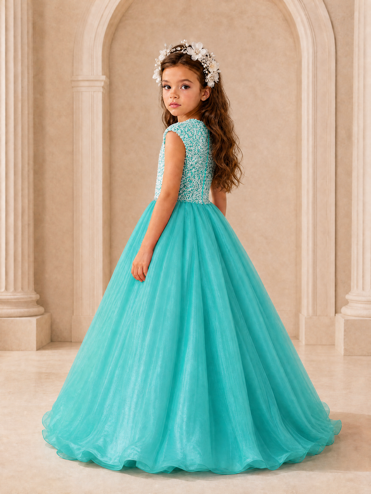 BOLODOO Turquoise Sequin Tulle Flower Girl Dress with Cap Sleeves - Turquoise - Turquoise_4