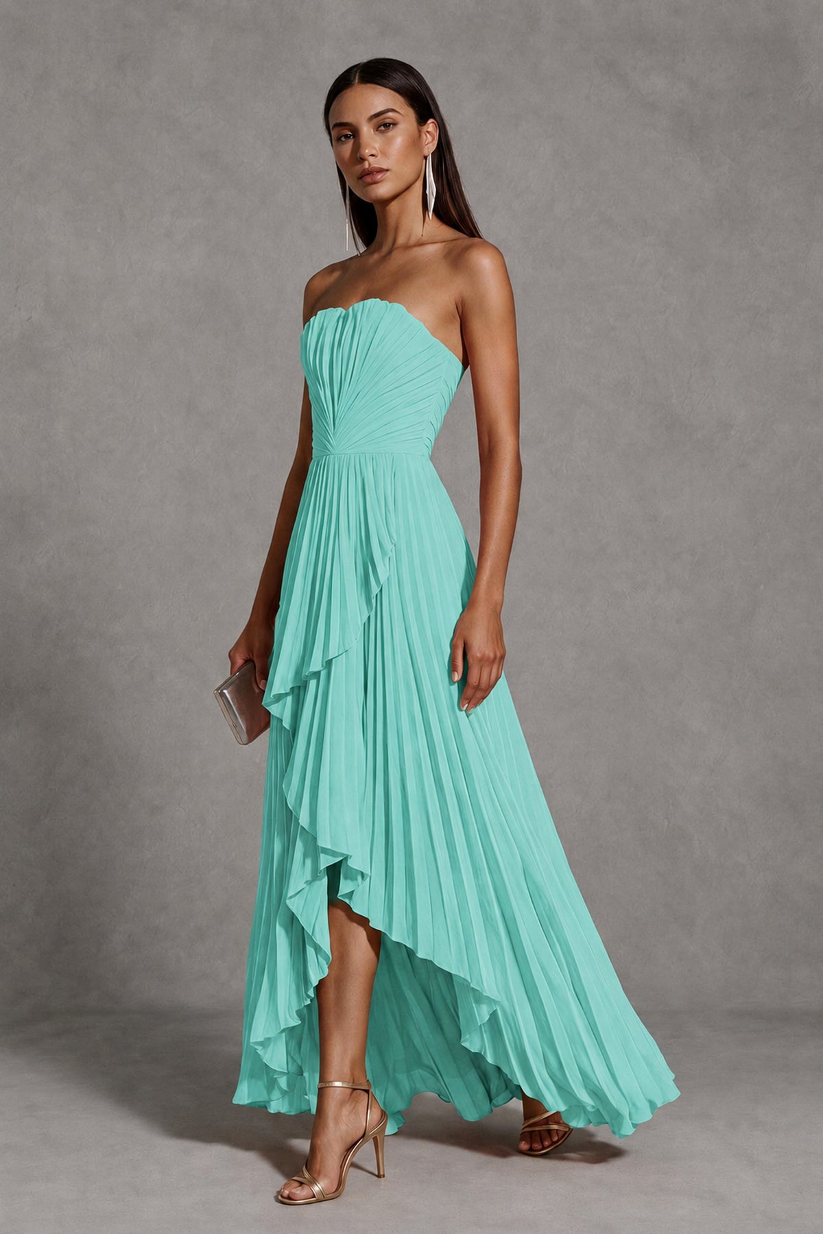 Turquoise Strapless Pleated High-Low Evening Gown with Ruffle Hem - Turquoise