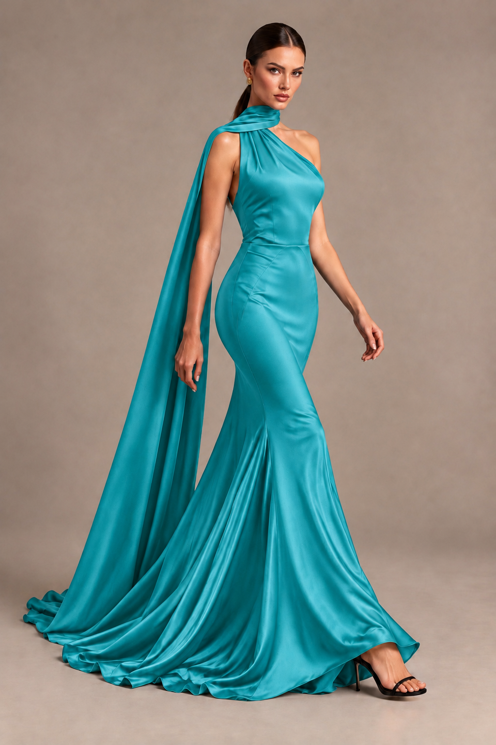 BOLODOO Turquoise One-Shoulder Satin Mermaid Evening Dress with Scarf - Turquoise - Turquoise_4