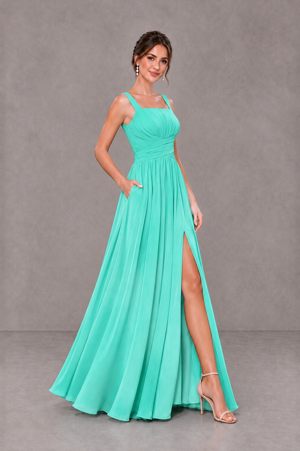 BOLODOO Turquoise Square Neck A-Line Bridesmaid Dress with Slit - Turquoise - Turquoise_4
