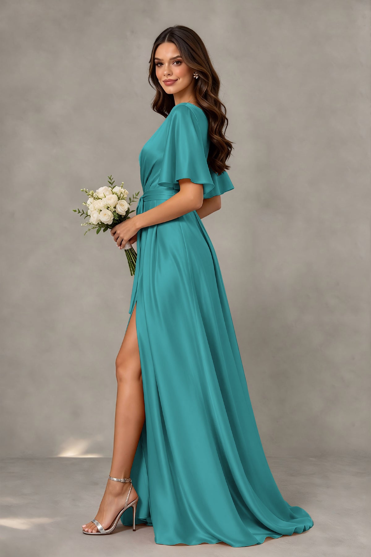 BOLODOO Turquoise Satin V-Neck Flutter Sleeve Bridesmaid Dress with Slit - Turquoise - Turquoise(4)