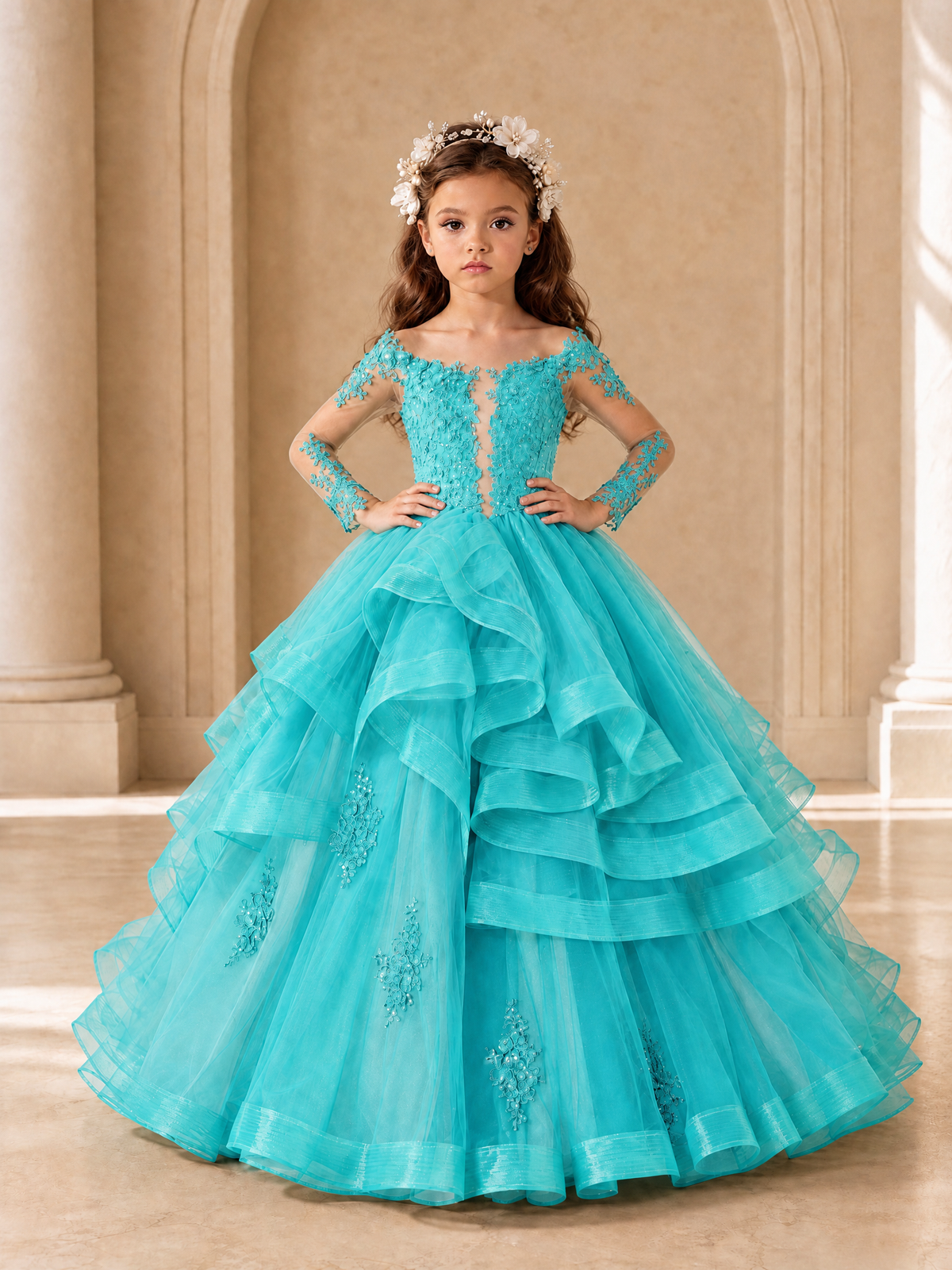BOLODOO Turquoise Lace Long Sleeve Tiered Flower Girl Dress - Turquoise - Turquoise_4