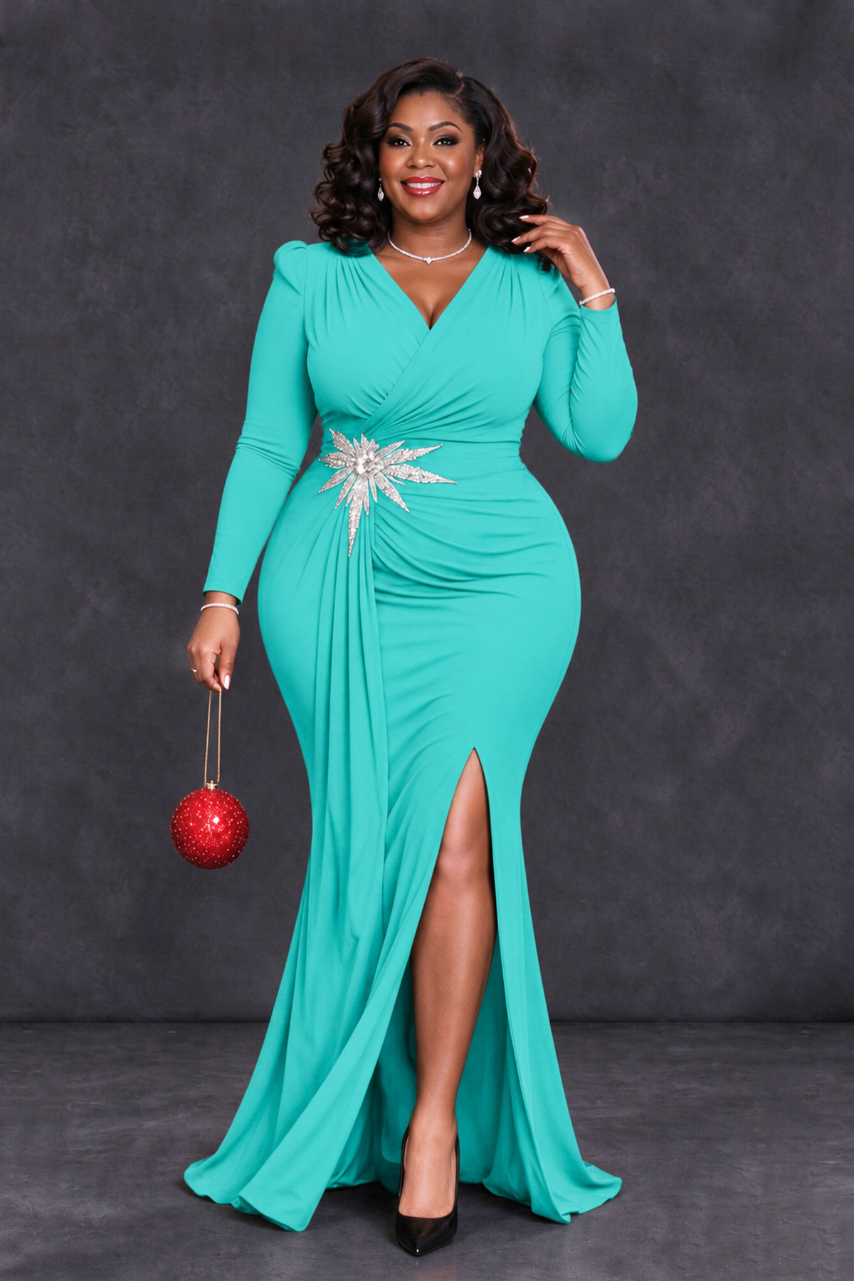 BOLODOO Turquoise Plus Size Long Sleeve V-Neck Mother of the Bride Dress with Slit - Turquoise - Turquoise_4