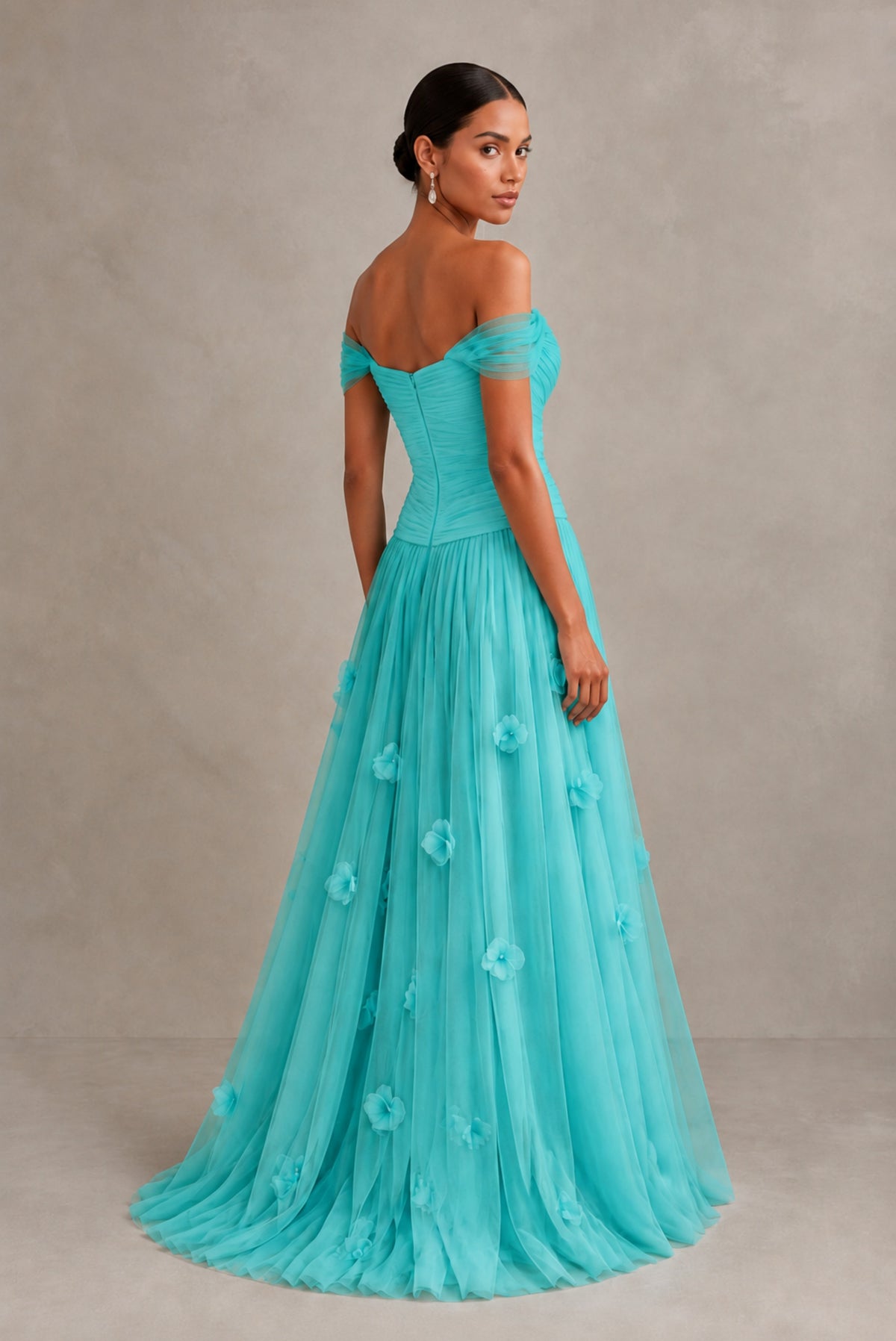 Turquoise Off-Shoulder Sweetheart A-Line Tulle Gown with 3D Floral Appliques | BOLODOO - Turquoise