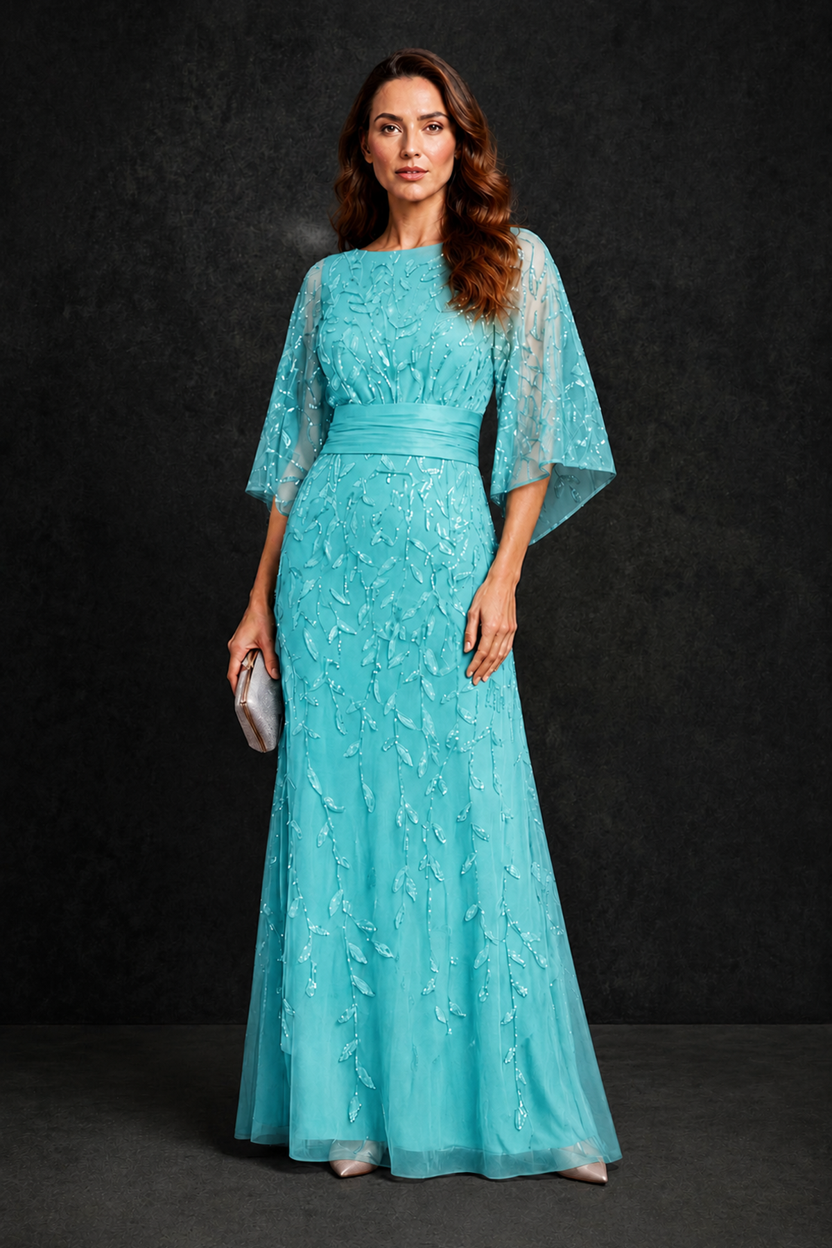 BOLODOO Turquoise Bateau Neck Bell Sleeve Sequin Embroidered Satin Waist A-Line Maxi Dress - Turquoise - Turquoise_4