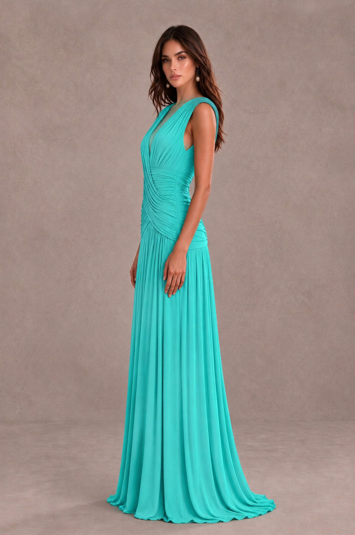 BOLODOO Turquoise V-Neck Ruched Wedding Guest Dress - Turquoise - Turquoise_4