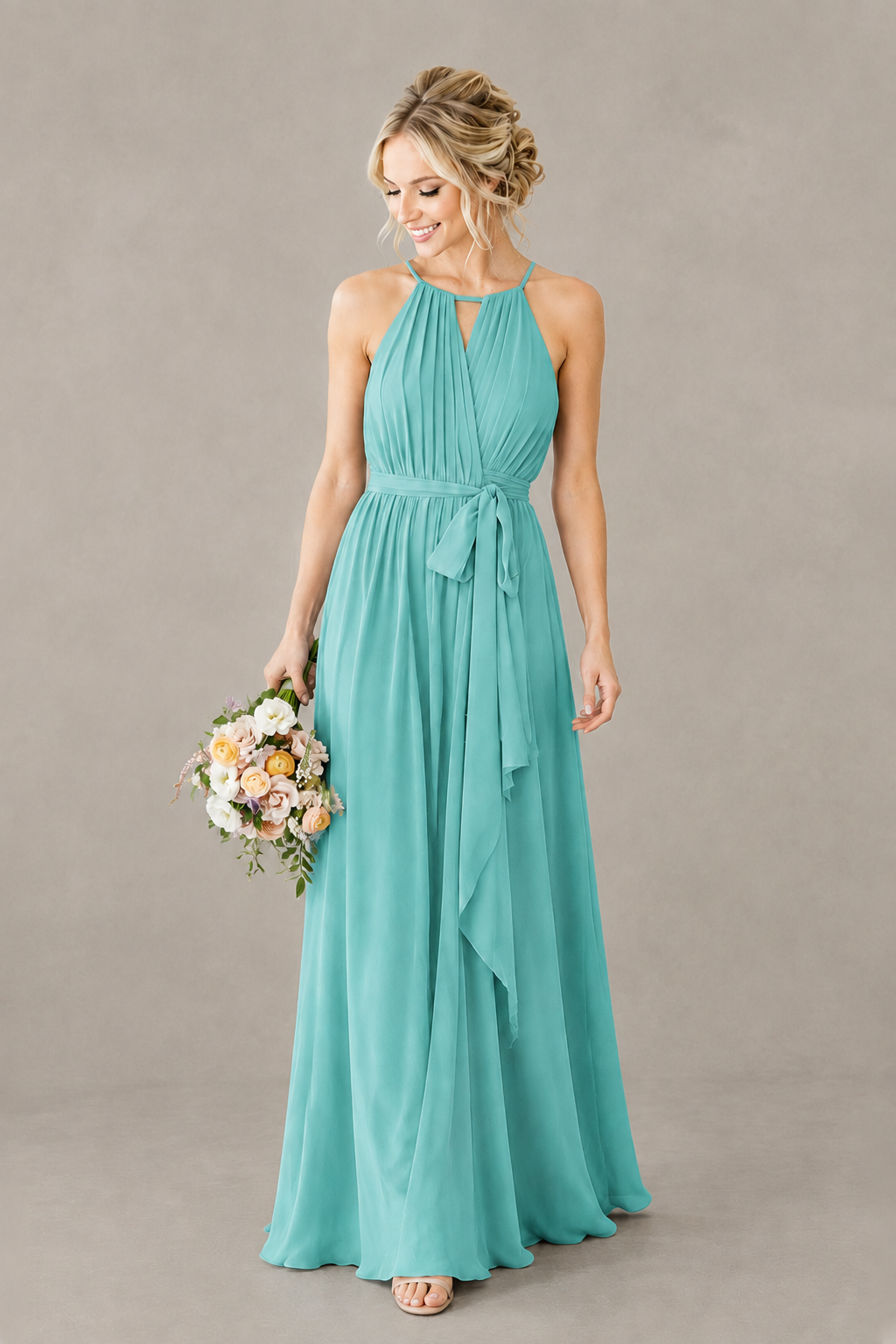 BOLODOO Turquoise Halter Chiffon Bridesmaid Dress with High Slit - Turquoise