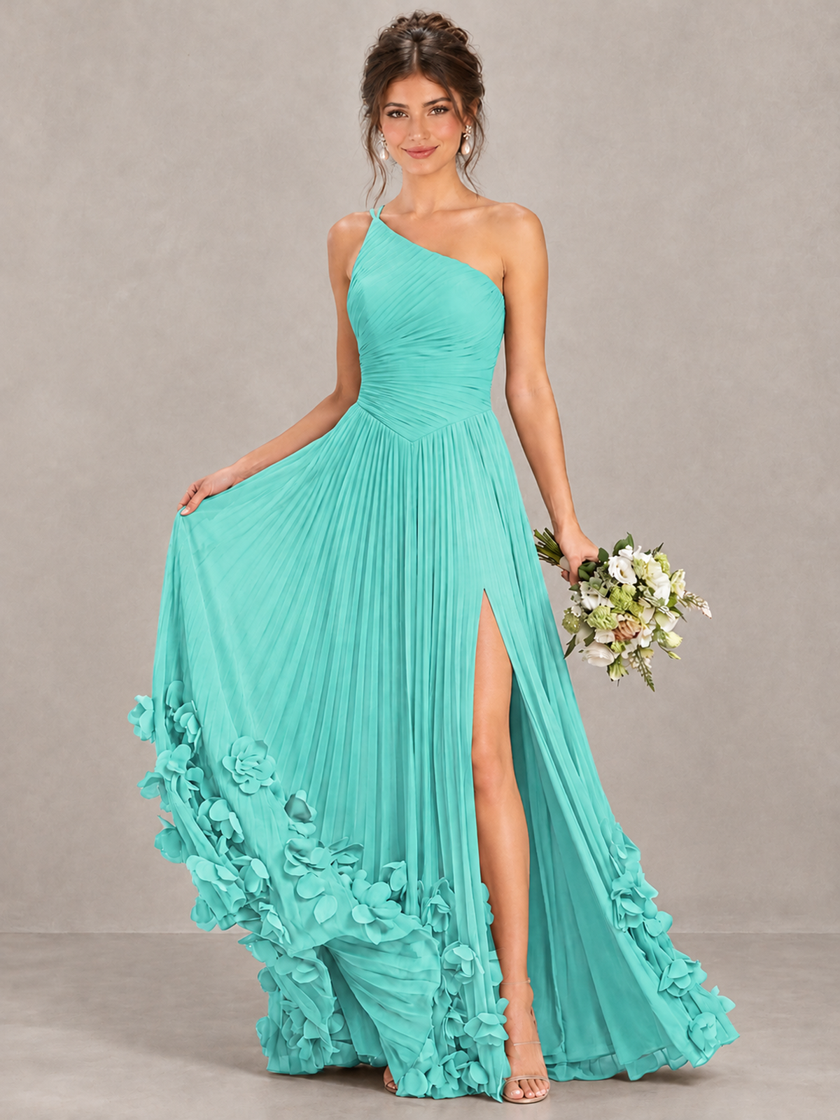 BOLODOO Turquoise One-Shoulder Pleated Bridesmaid Dress with 3D Floral Hem - Turquoise - Turquoise_4