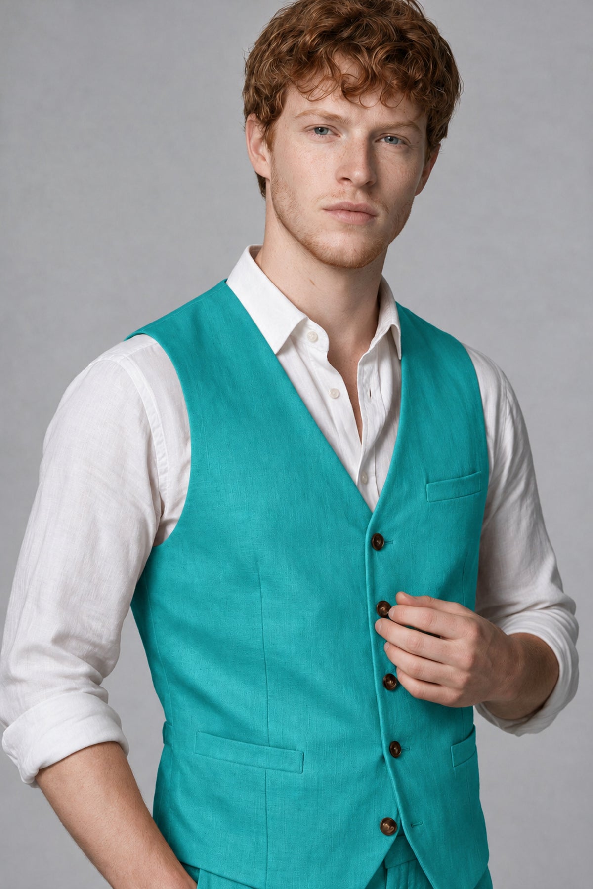Bolodoo Men's Turquoise 2-Piece Vest and Pants Set with V-Neck Waistcoat - Turquoise - Turquoise_4