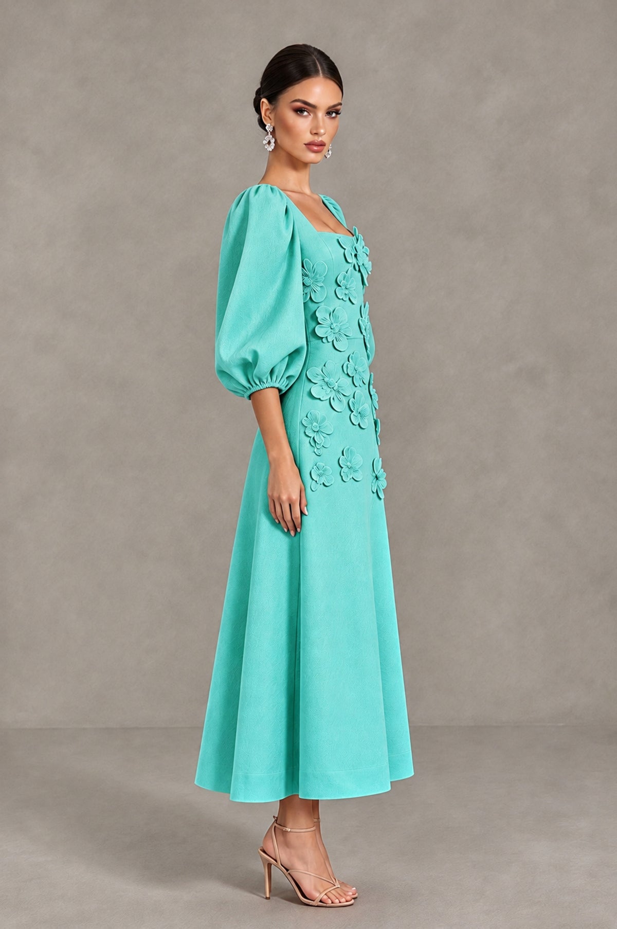 BOLODOO Turquoise 3D Floral Puff Sleeve Midi Cocktail Dress - Turquoise - Turquoise_4