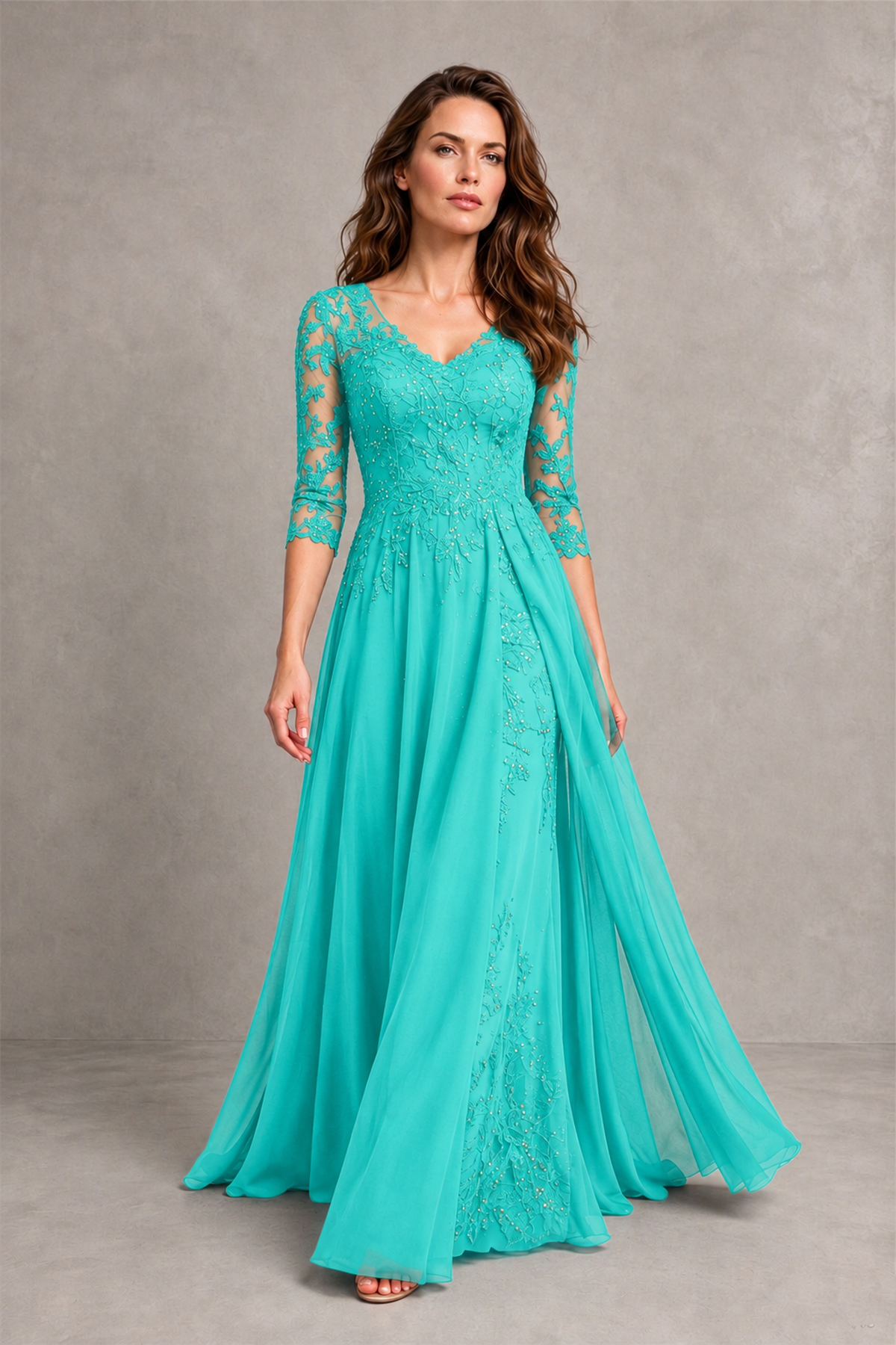BOLODOO Midnight Turquoise Beaded Lace Appliqué Chiffon A-Line Gown | Mother of the Bride & Formal Evening Dress - Turquoise - Turquoise_4