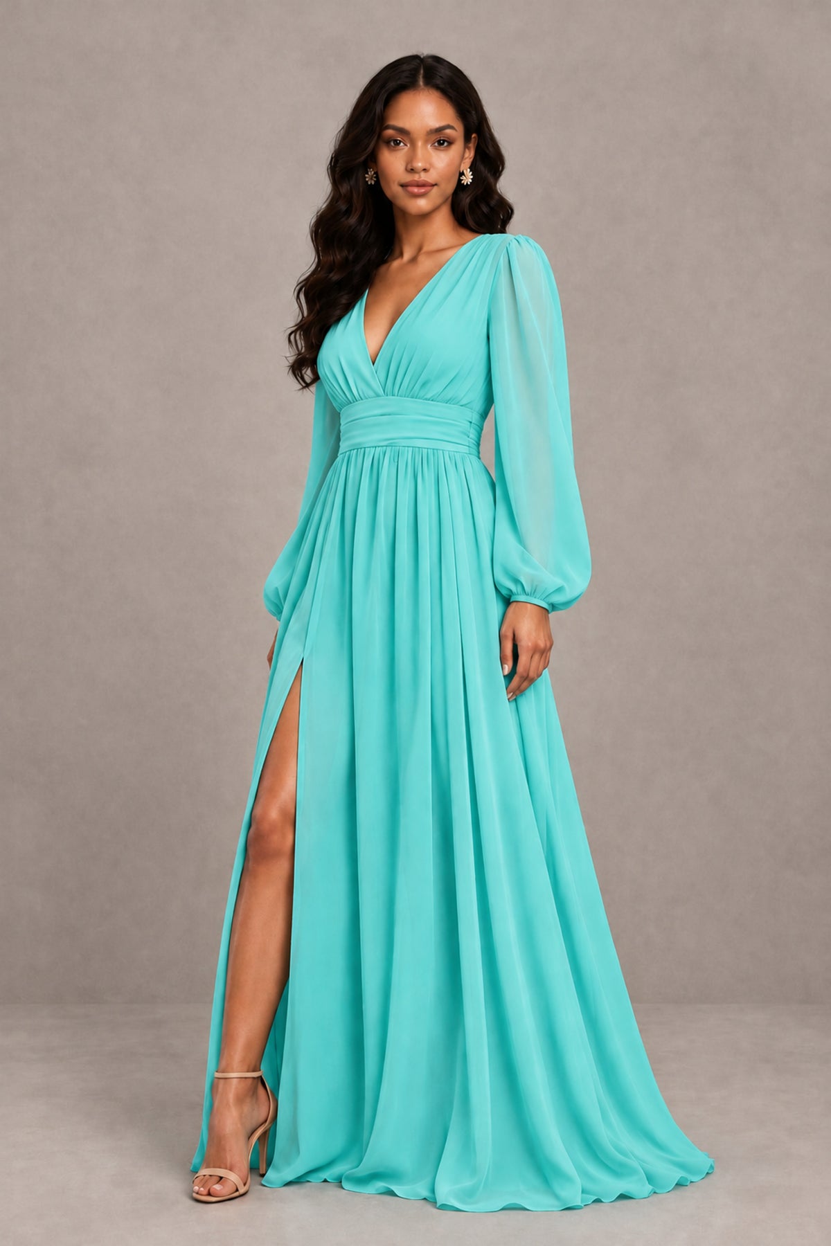 BOLODOO Turquoise Long Sleeve V-Neck A-Line Gown with Open Back & Slit - Turquoise - Turquoise_4