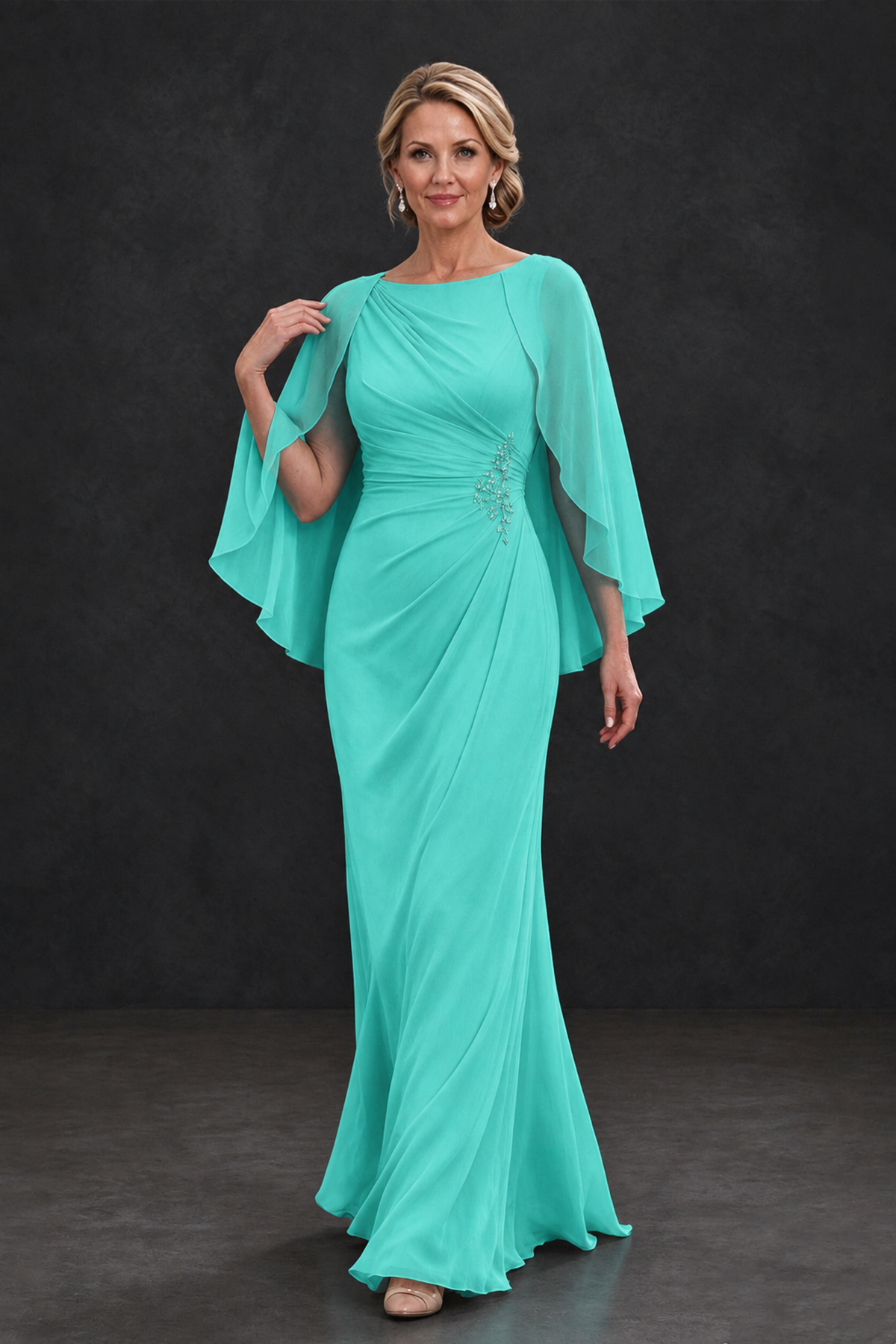 BOLODOO Turquoise Cape Sleeve Mother of the Bride Dress with Ruched Waist - Turquoise - Turquoise_4