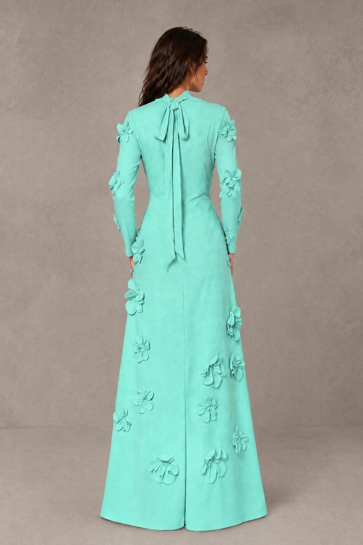BOLODOO Turquoise High Neck Long Sleeve 3D Floral Evening Gown - Turquoise
