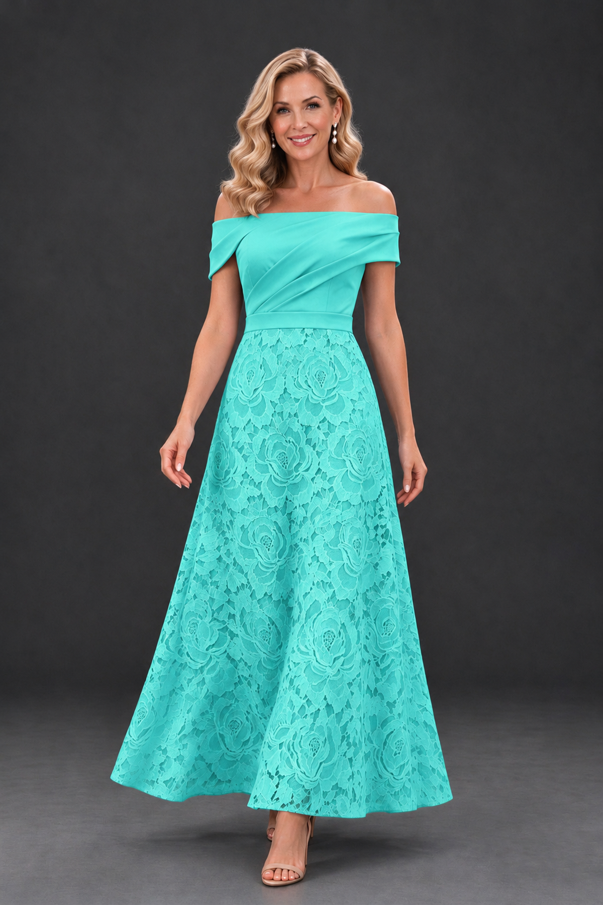 BOLODOO Turquoise Off-the-Shoulder Floral A-Line Mother of the Bride Dress - Turquoise - Turquoise_4