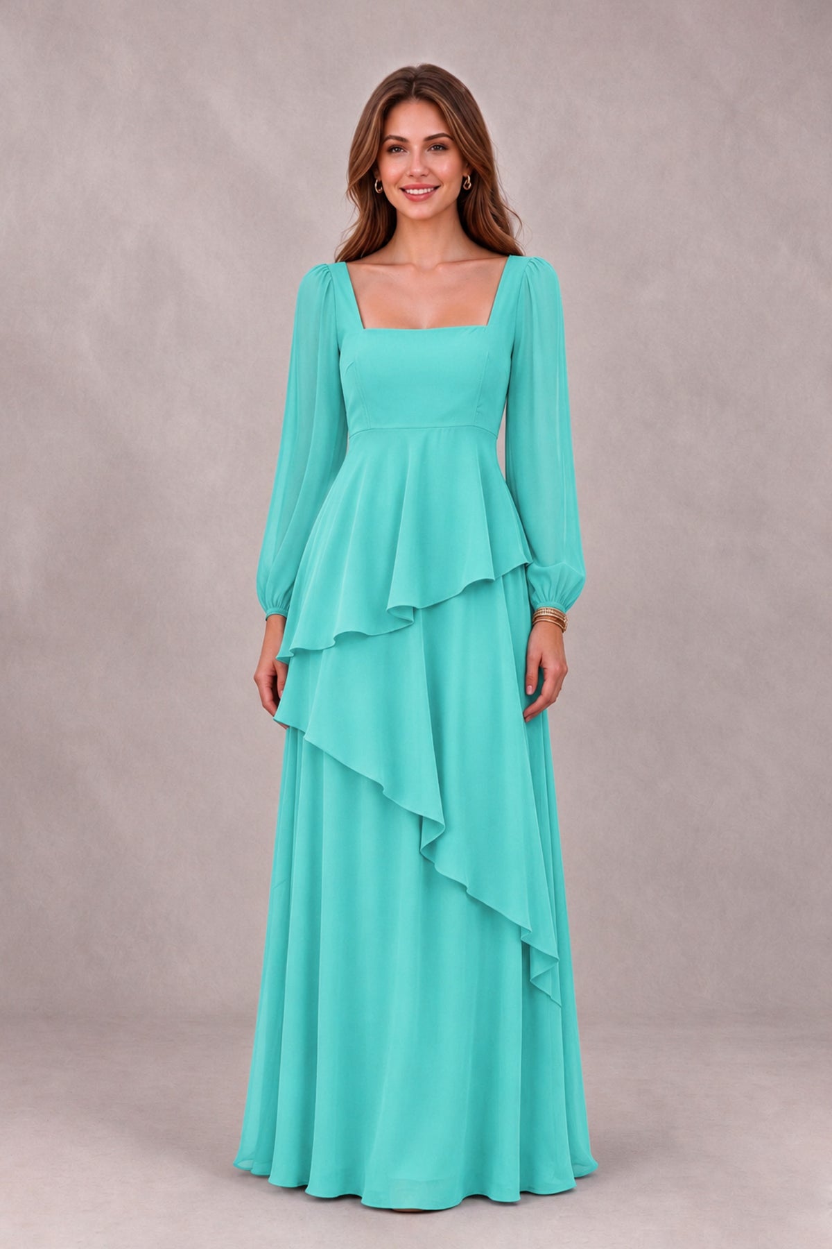 BOLODOO Turquoise Long Sleeve Ruffle Bridesmaid Dresses - Turquoise - Turquoise_4
