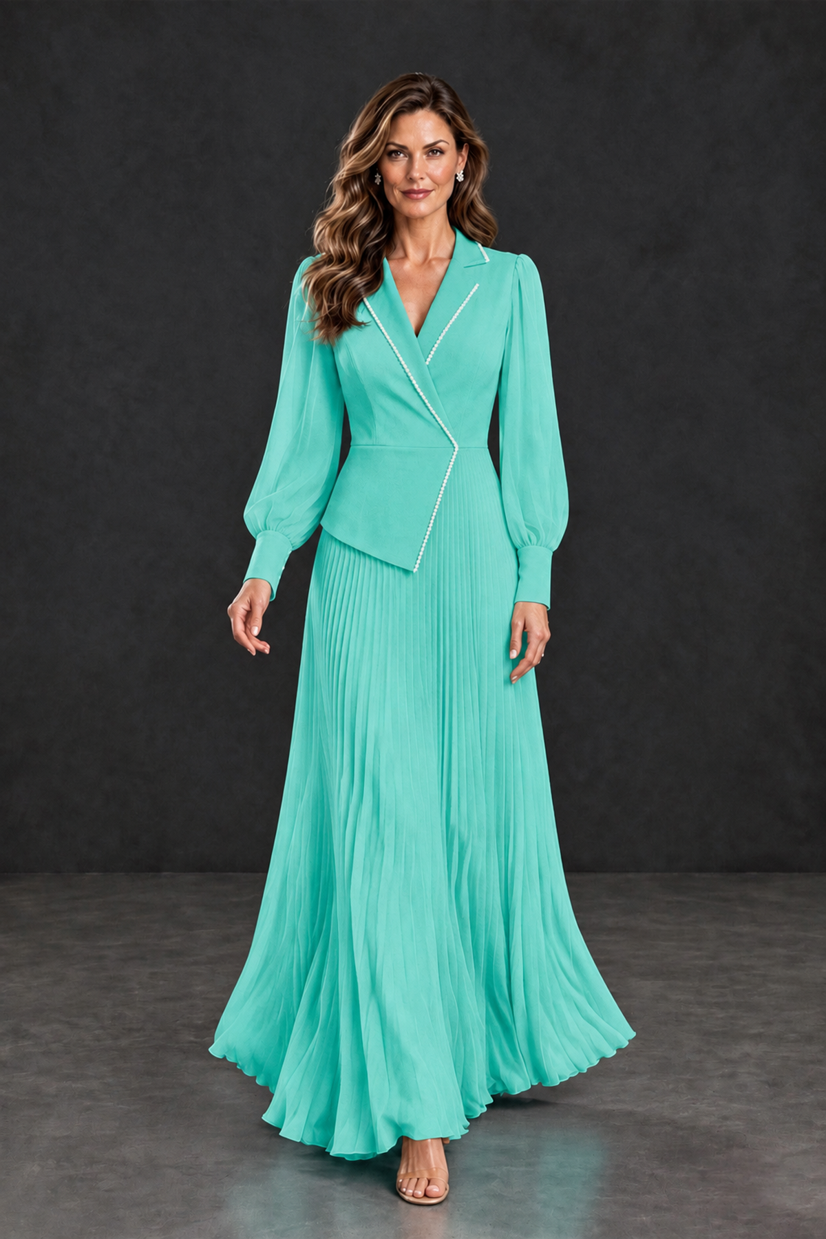 BOLODOO Turquoise Long Sleeve Pleated Mother of the Bride Dress - Turquoise - Turquoise_4