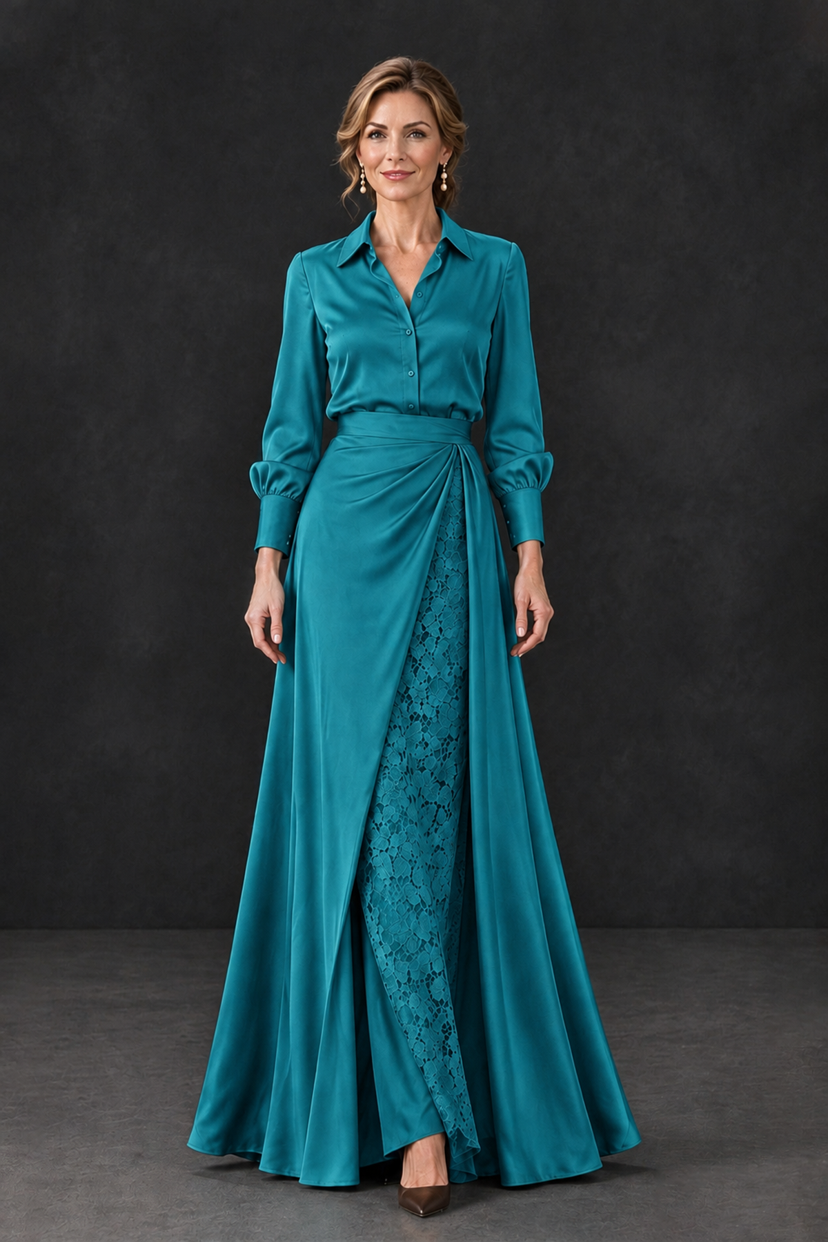 BOLODOO Turquoise Long Sleeve Satin-Look Lace Panel Gown - Turquoise - Turquoise_4