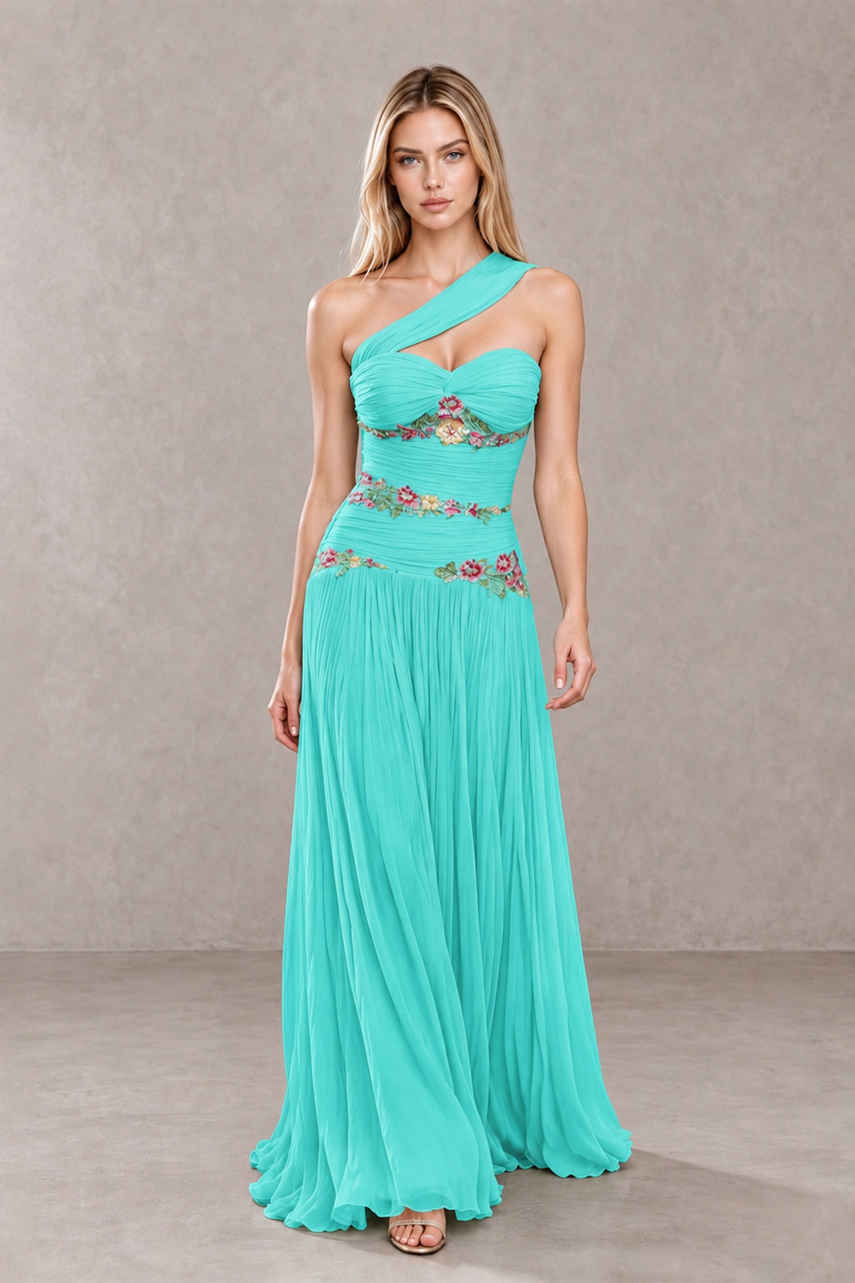 BOLODOO Turquoise One-Shoulder Floral Applique A-Line Evening Dress - Turquoise - Turquoise_4