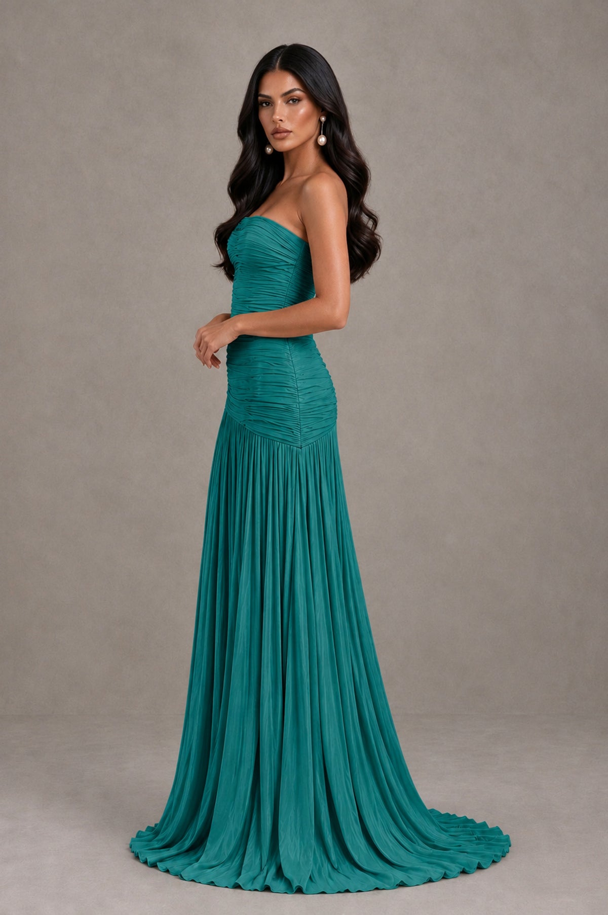 BOLODOO Turquoise Metallic Ruched Strapless Pleated A-Line Backless Maxi Dress with Train - Turquoise - Turquoise_4
