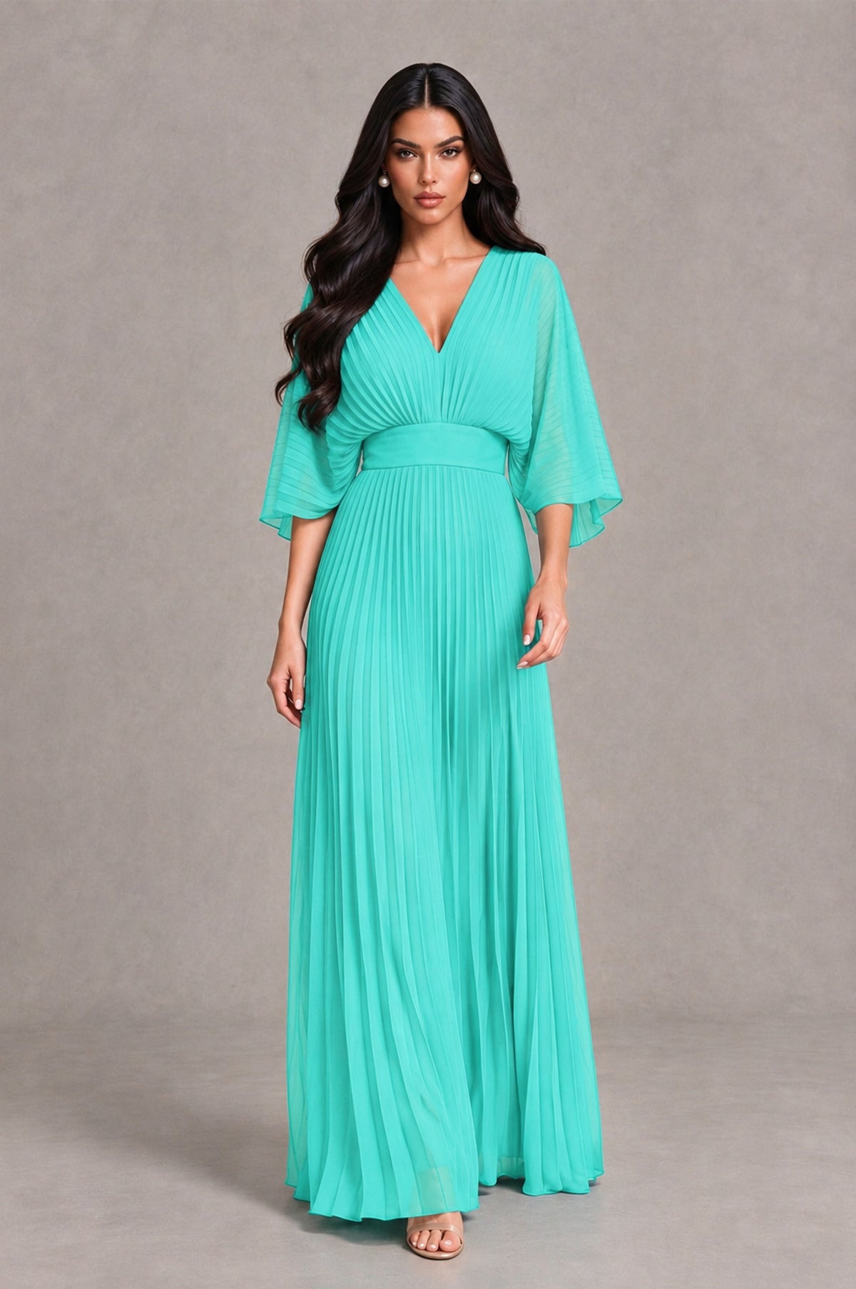 BOLODOO Turquoise V-Neck Pleated Flutter Sleeve Formal Dress - Turquoise - Turquoise_4
