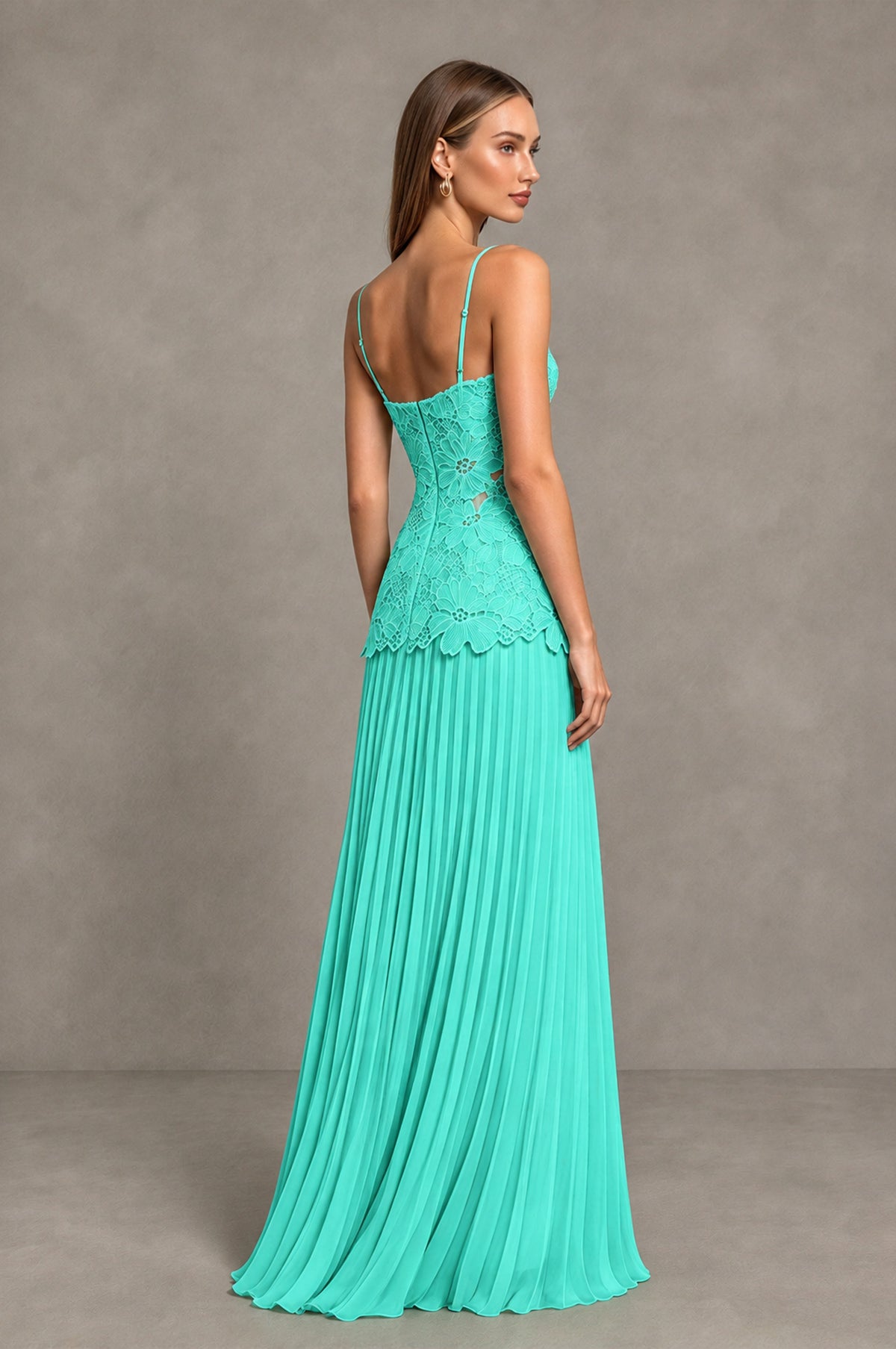 BOLODOO Turquoise Lace Bodice Pleated Wedding Guest Dress - Turquoise - Turquoise_4