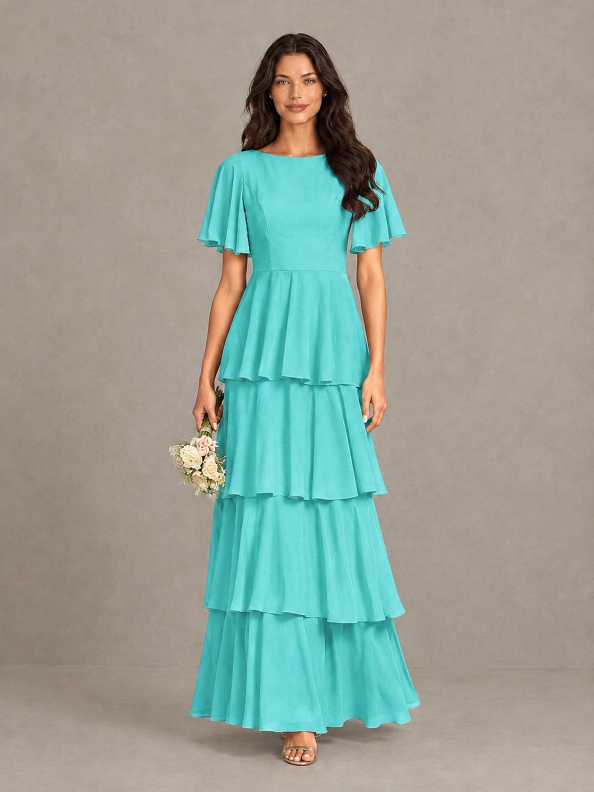 BOLODOO Turquoise Tiered Flutter Sleeve Bridesmaid Dress - Turquoise - Turquoise_4