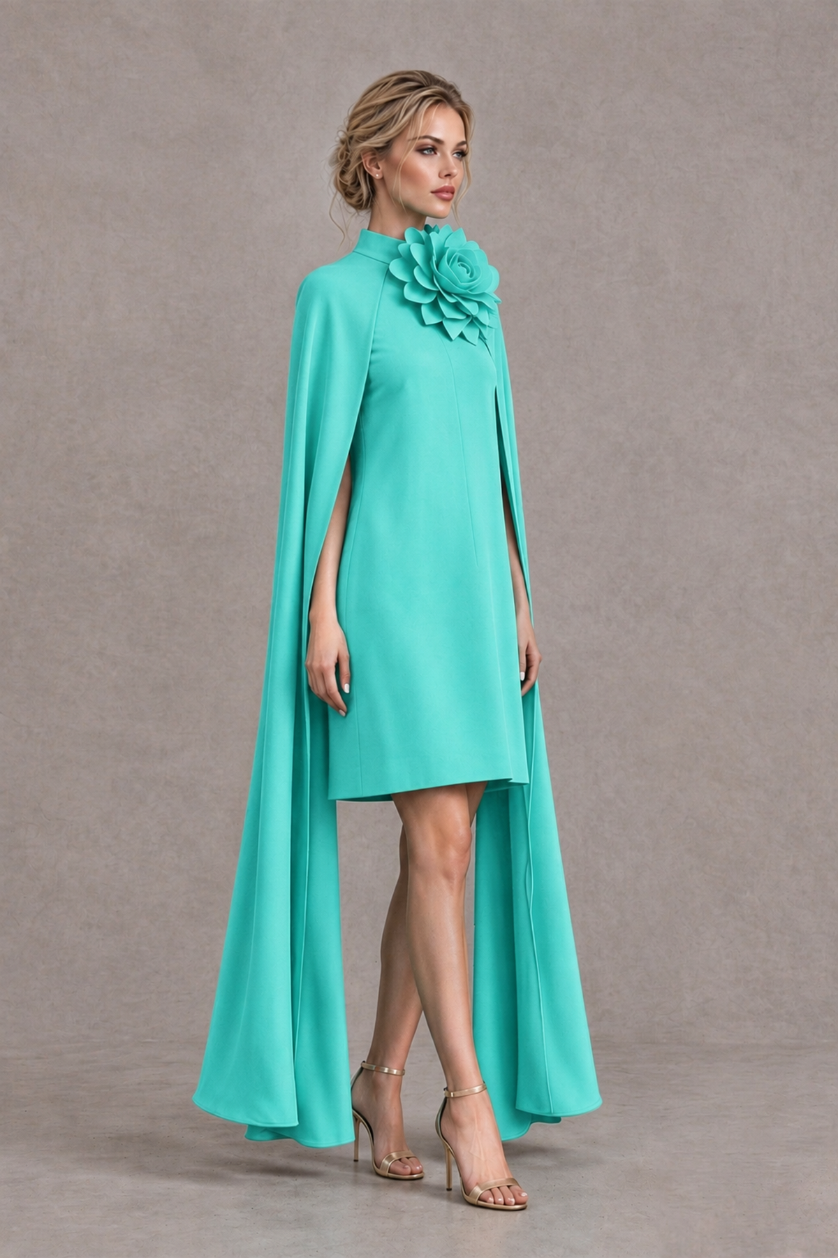 BOLODOO Turquoise High Neck Floral Cape Mini Cocktail Dress - Turquoise - Turquoise_4