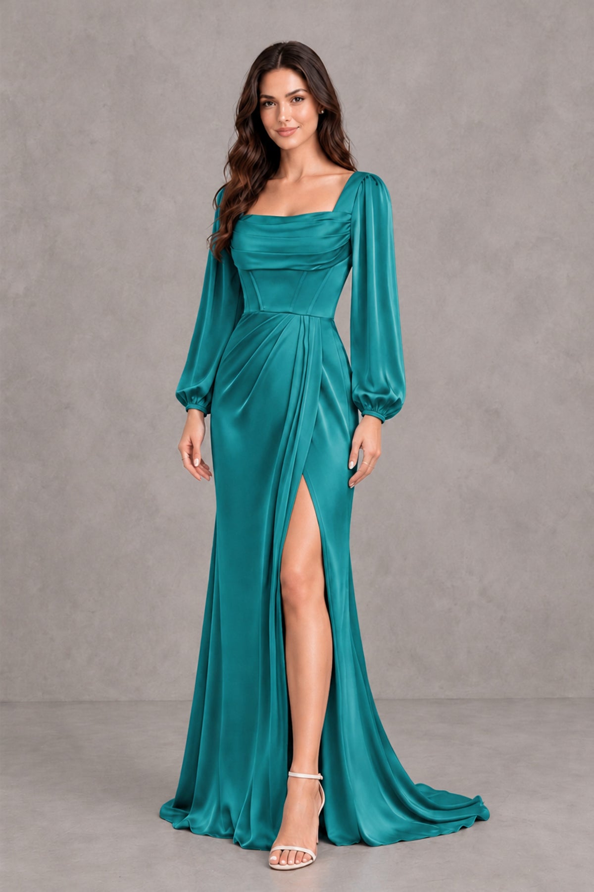 BOLODOO Turquoise Satin-Look Long Sleeve Evening Dress with High Slit - Turquoise - Turquoise_4