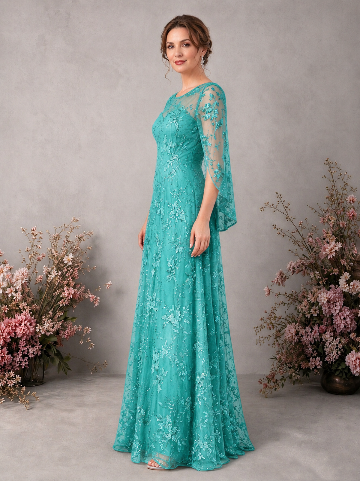 BOLODOO Turquoise Sequin Lace Cape Sleeve Formal Evening Gown - Turquoise - Turquoise_4