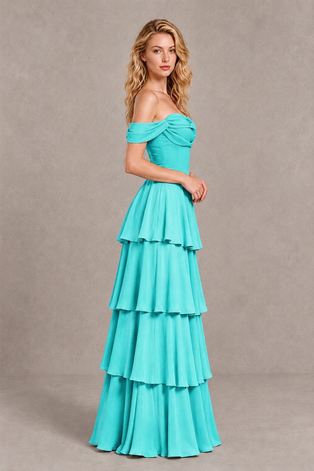 BOLODOO Turquoise Off-the-Shoulder Tiered A-Line Evening Bridesmaid Dress - Turquoise - Turquoise_4