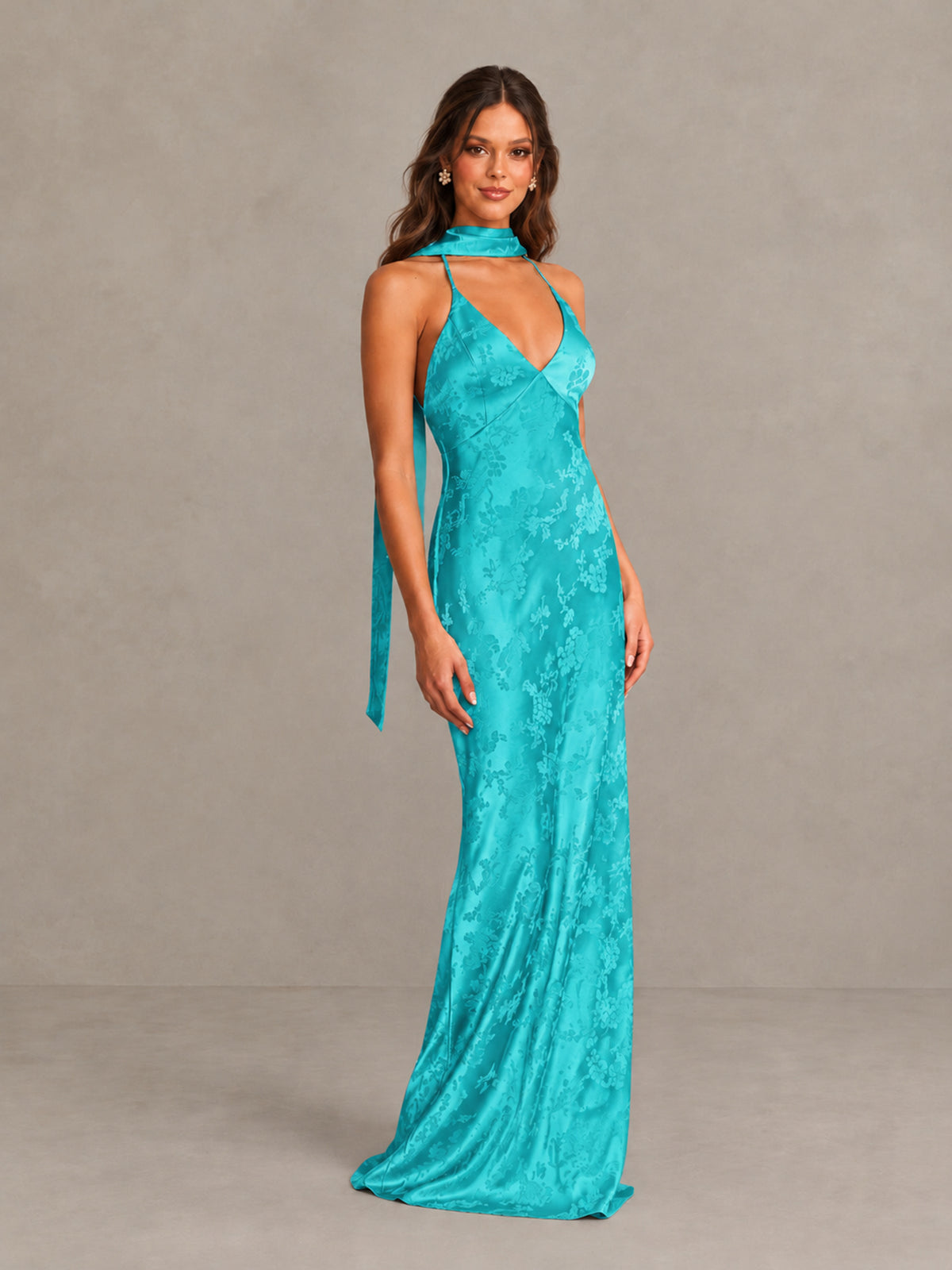BOLODOO Turquoise Floral Satin Open-Back Bridesmaid Dress - Turquoise - Turquoise_4