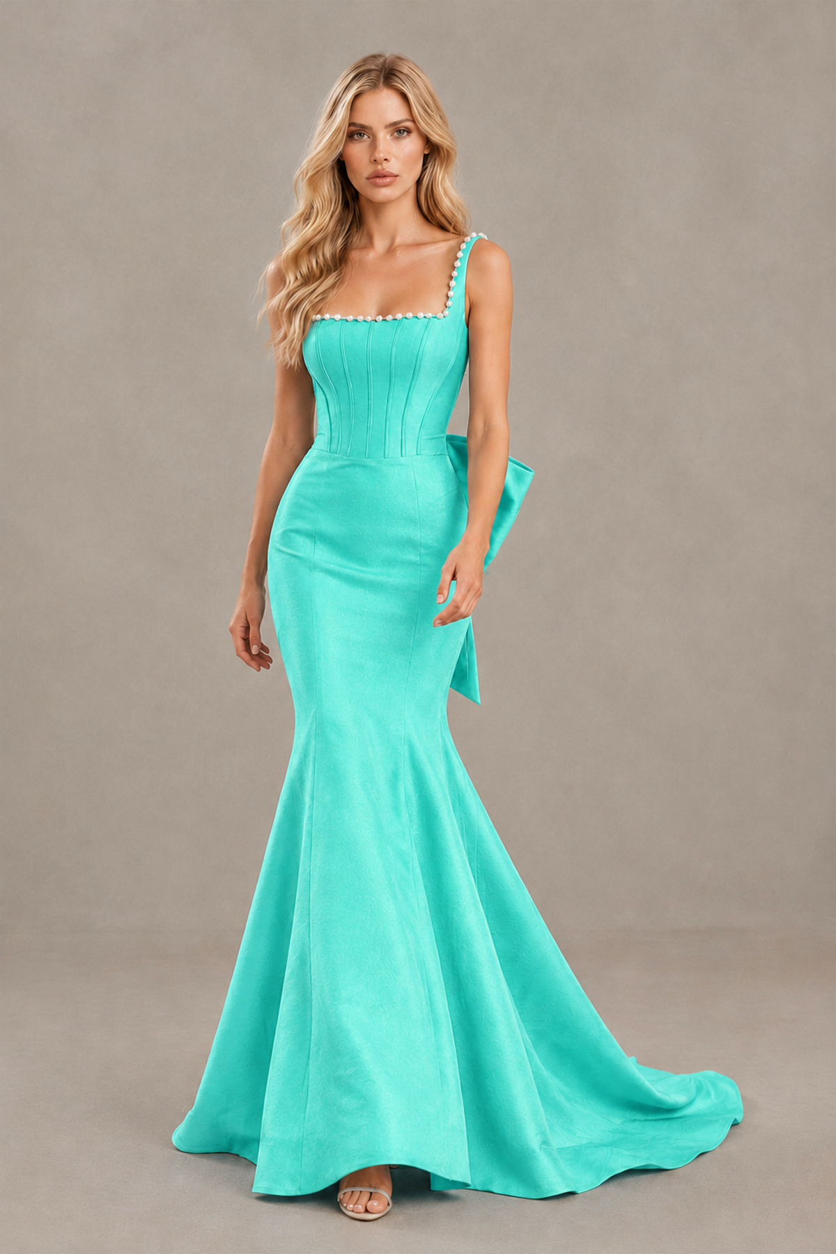 BOLODOO Turquoise Pearl-Trim Mermaid Prom Dress with Back Bow - Turquoise - Turquoise_4