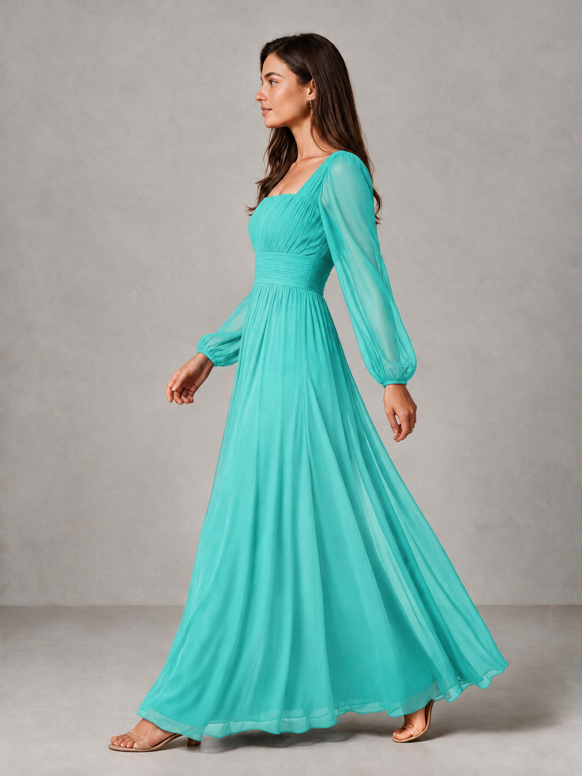 BOLODOO Turquoise Square Neck Long Sleeve Chiffon Bridesmaid Dress - Turquoise - Turquoise_4