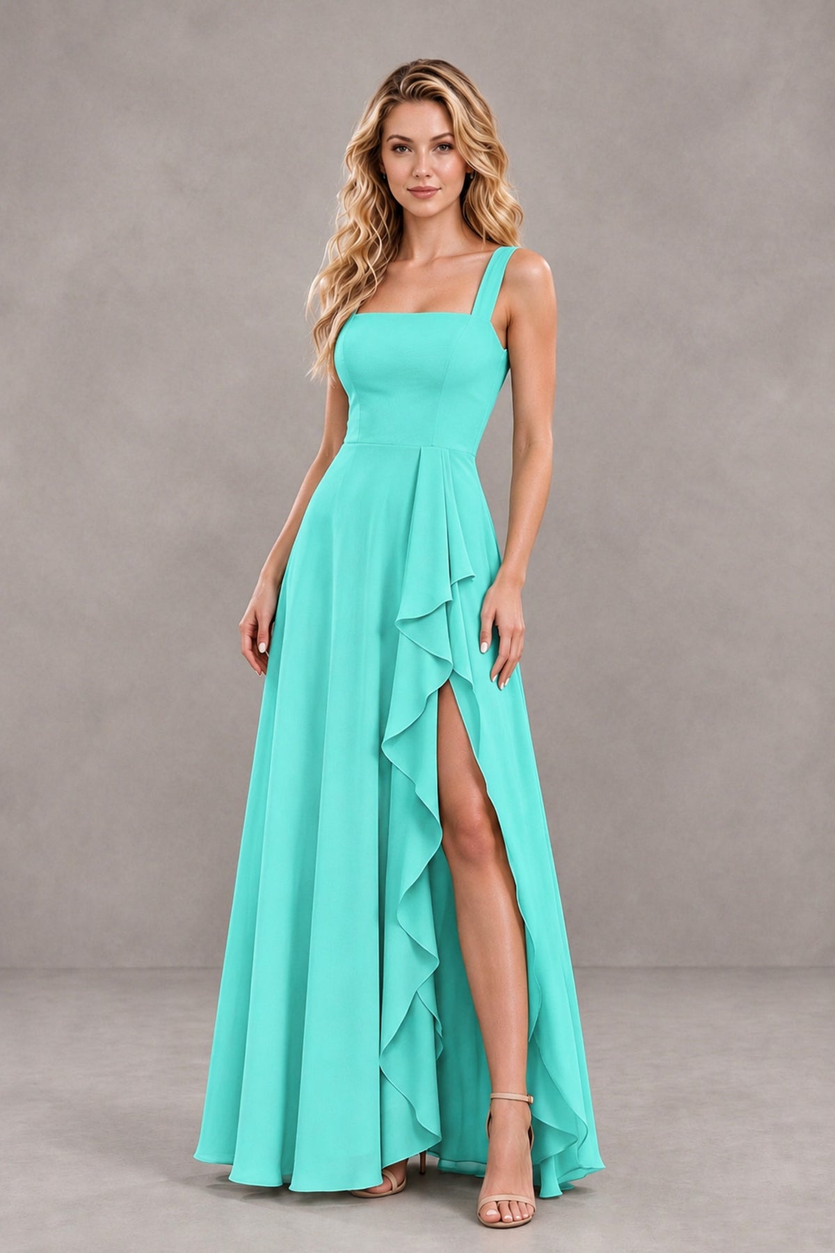 BOLODOO Turquoise Square Neck Ruffle A-Line Bridesmaid Dress with Slit - Turquoise - Turquoise_4