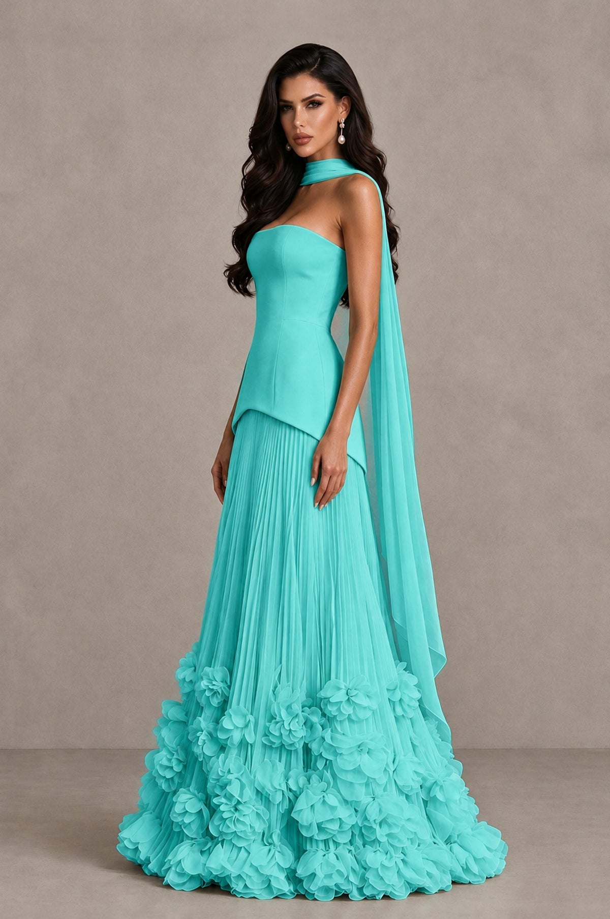 BOLODOO Turquoise Strapless Pleated Floral Hem Evening Gown - Turquoise - Turquoise_4