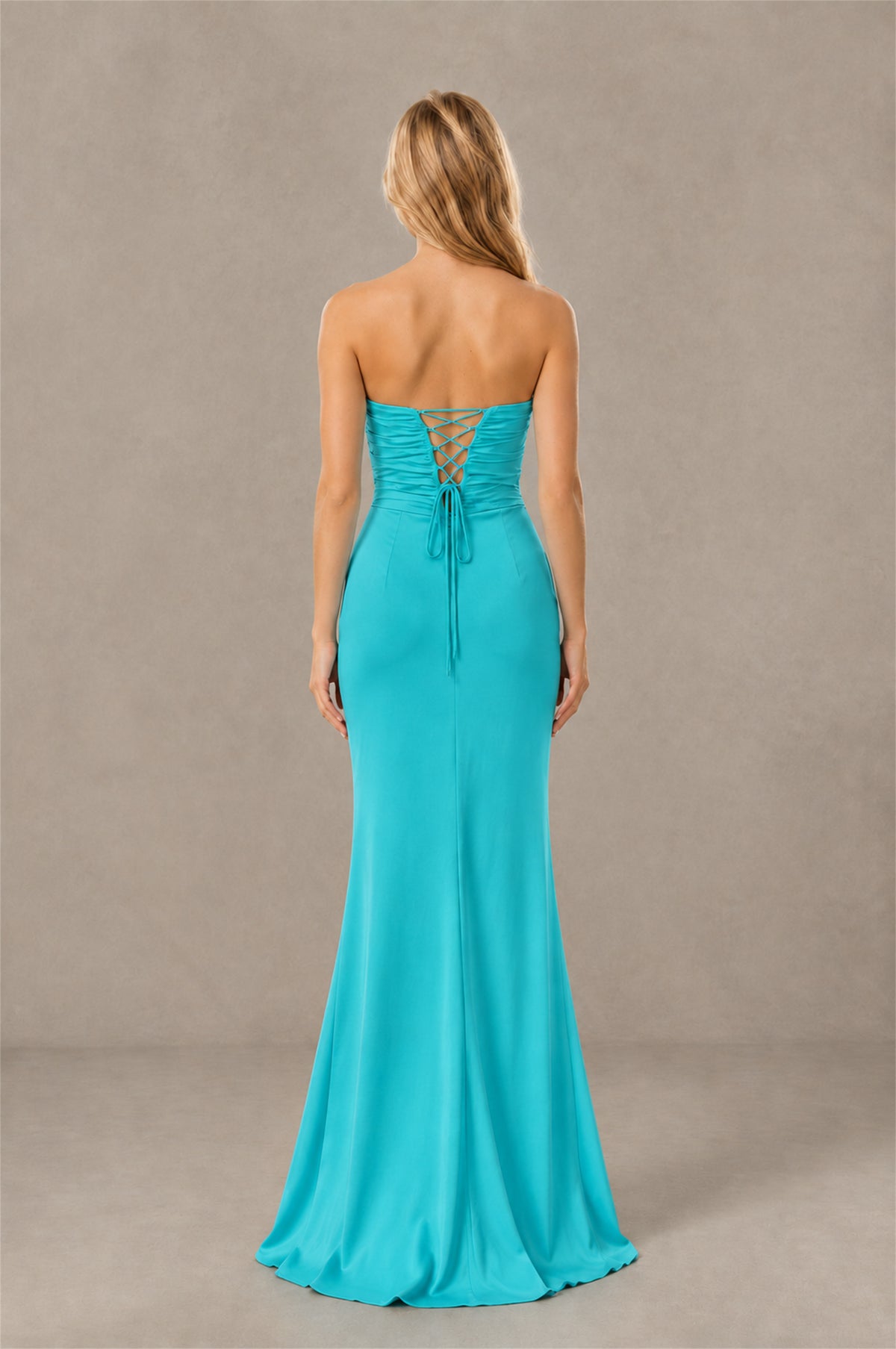 BOLODOO Turquoise Sweetheart Strapless Twist Knot Cutout Lace-Up Back Satin Mermaid Maxi Dress - Turquoise - Turquoise(4)