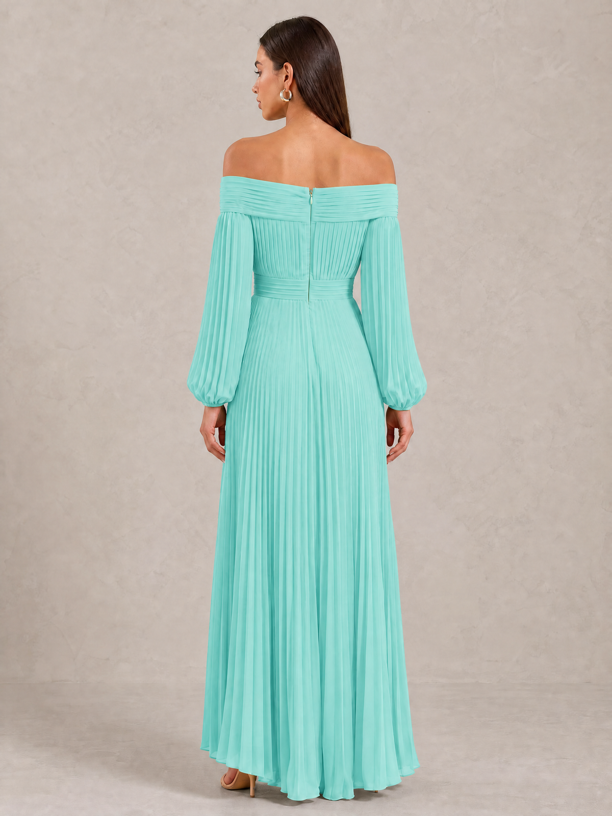 BOLODOO Turquoise Off-Shoulder Long Sleeve Pleated High-Low Dress - Turquoise - Turquoise_4