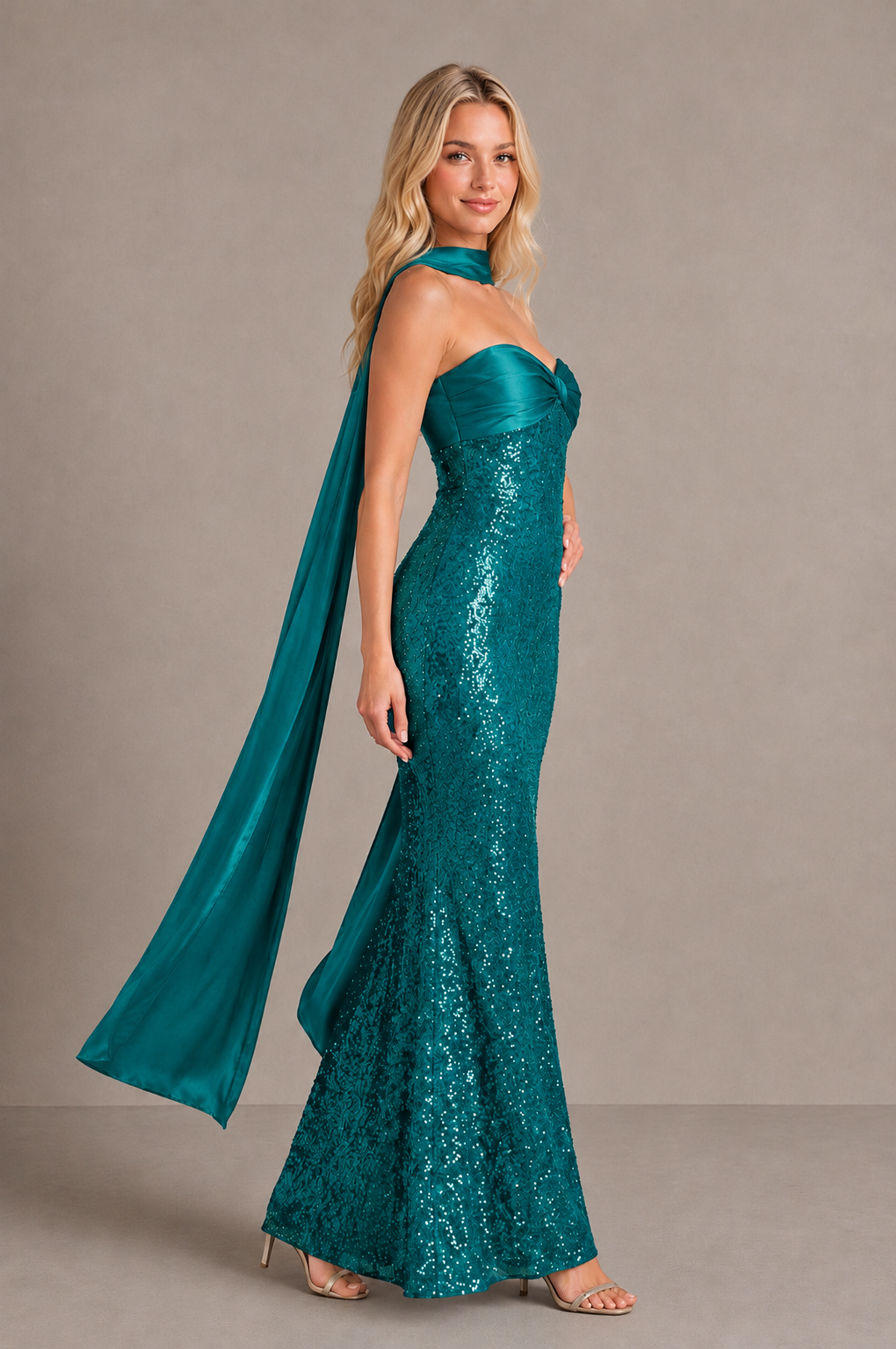 BOLODOO Turquoise Strapless Sweetheart Evening Dress with Scarf - Turquoise - Turquoise_4