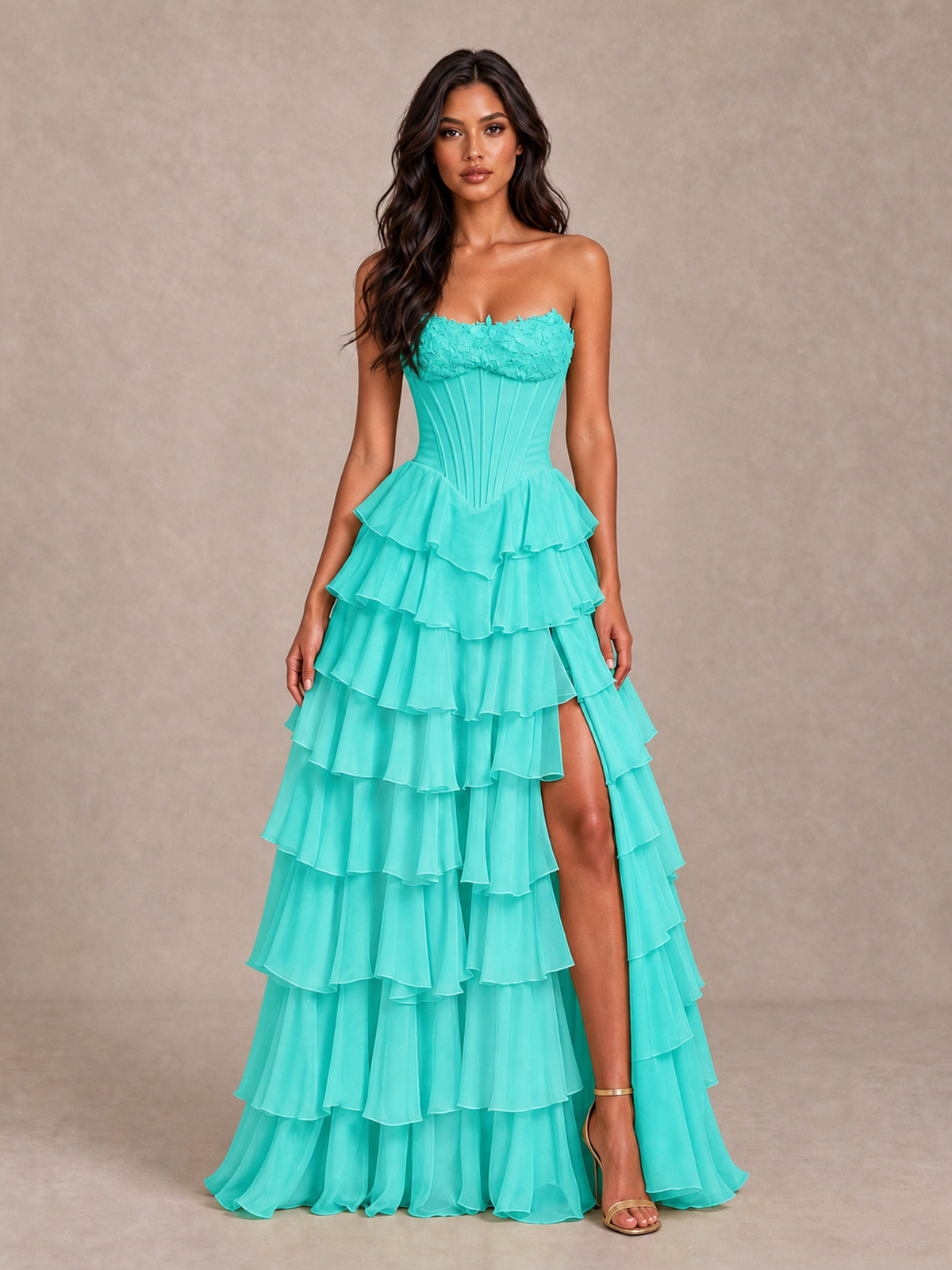 BOLODOO Turquoise Strapless Corset Tiered Ruffle Prom Dress with High Slit - Turquoise - Turquoise_4