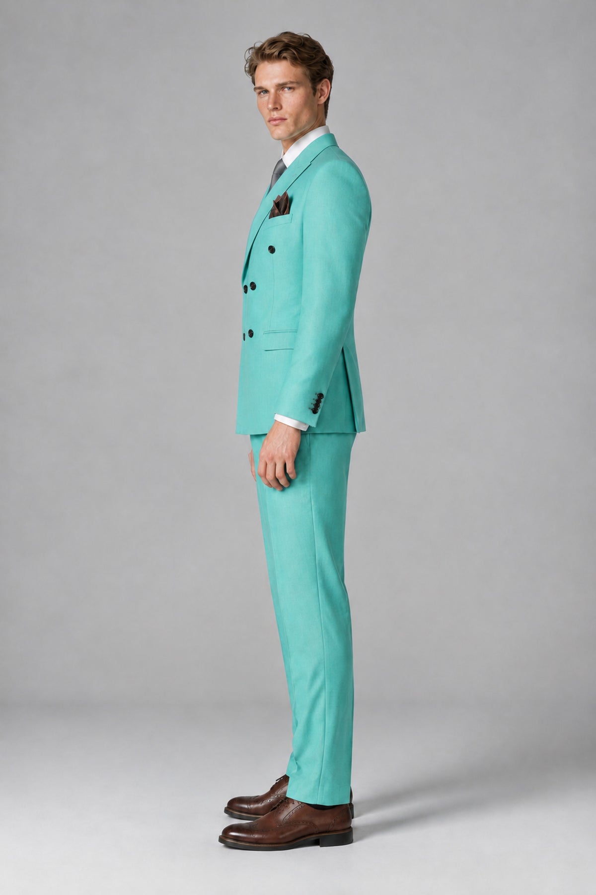 Bolodoo Men's Turquoise Double-Breasted Two-Piece Suit with Peak Lapels - Turquoise - Turquoise_4
