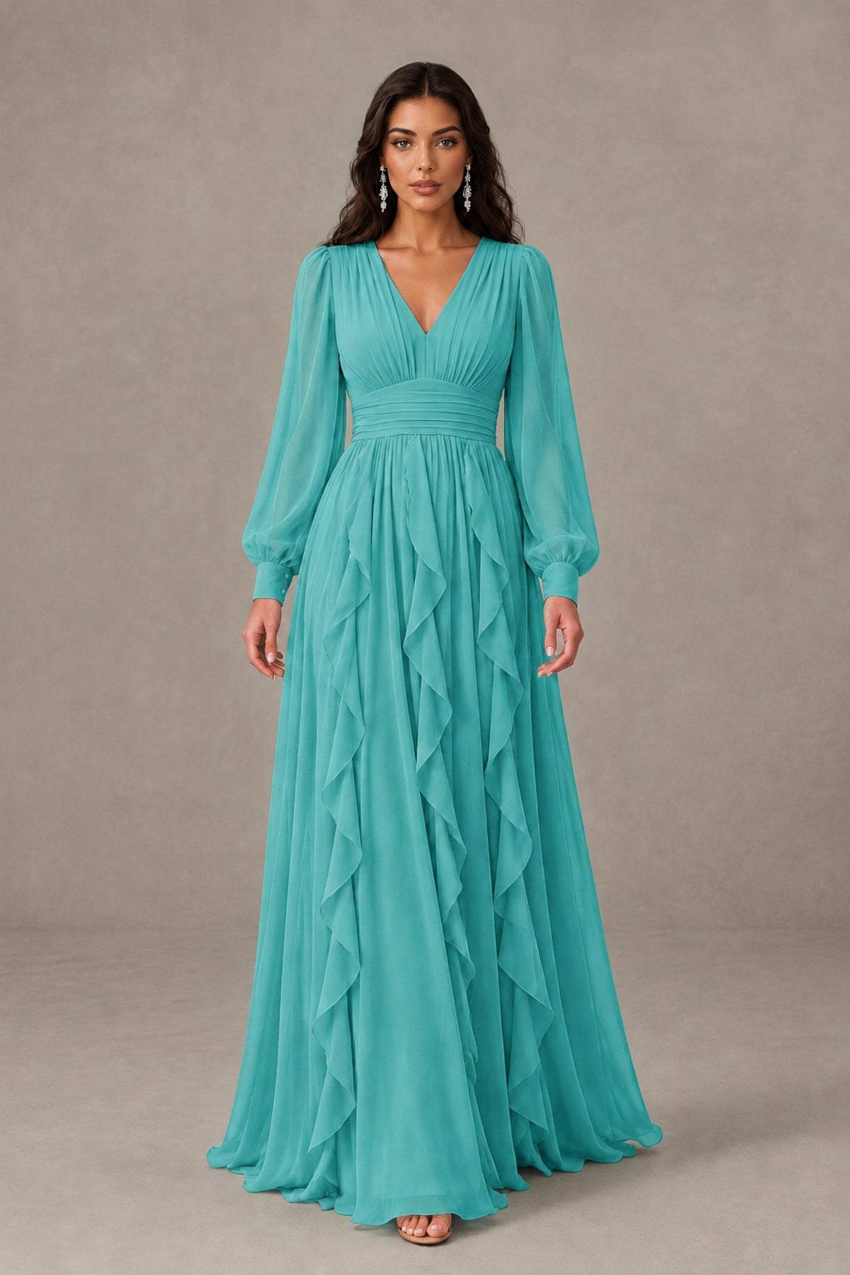 BOLODOO Turquoise Long Sleeve V-Neck Ruffle Maxi Dress - Turquoise