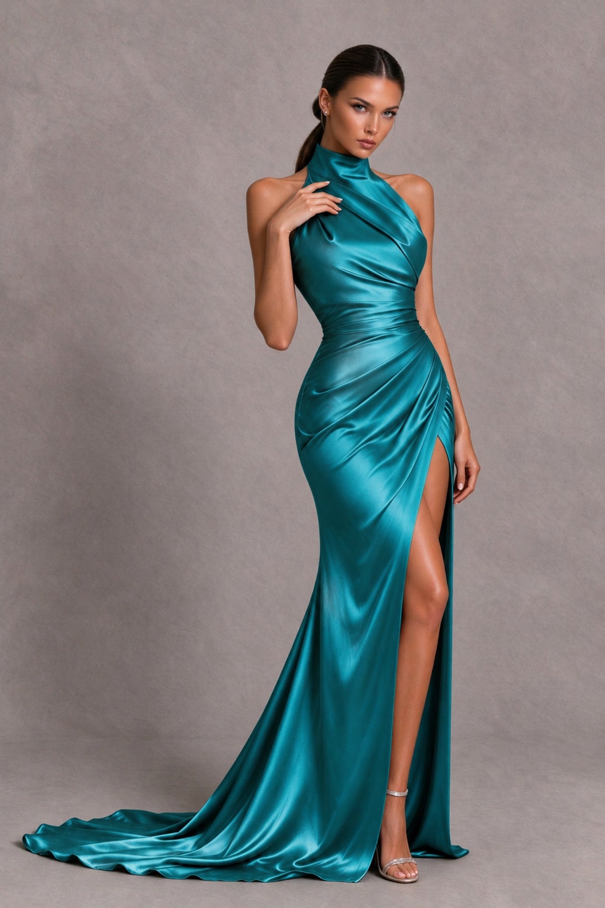 BOLODOO Turquoise Halter Satin-Look Evening Gown with High Slit - Turquoise - Turquoise_4